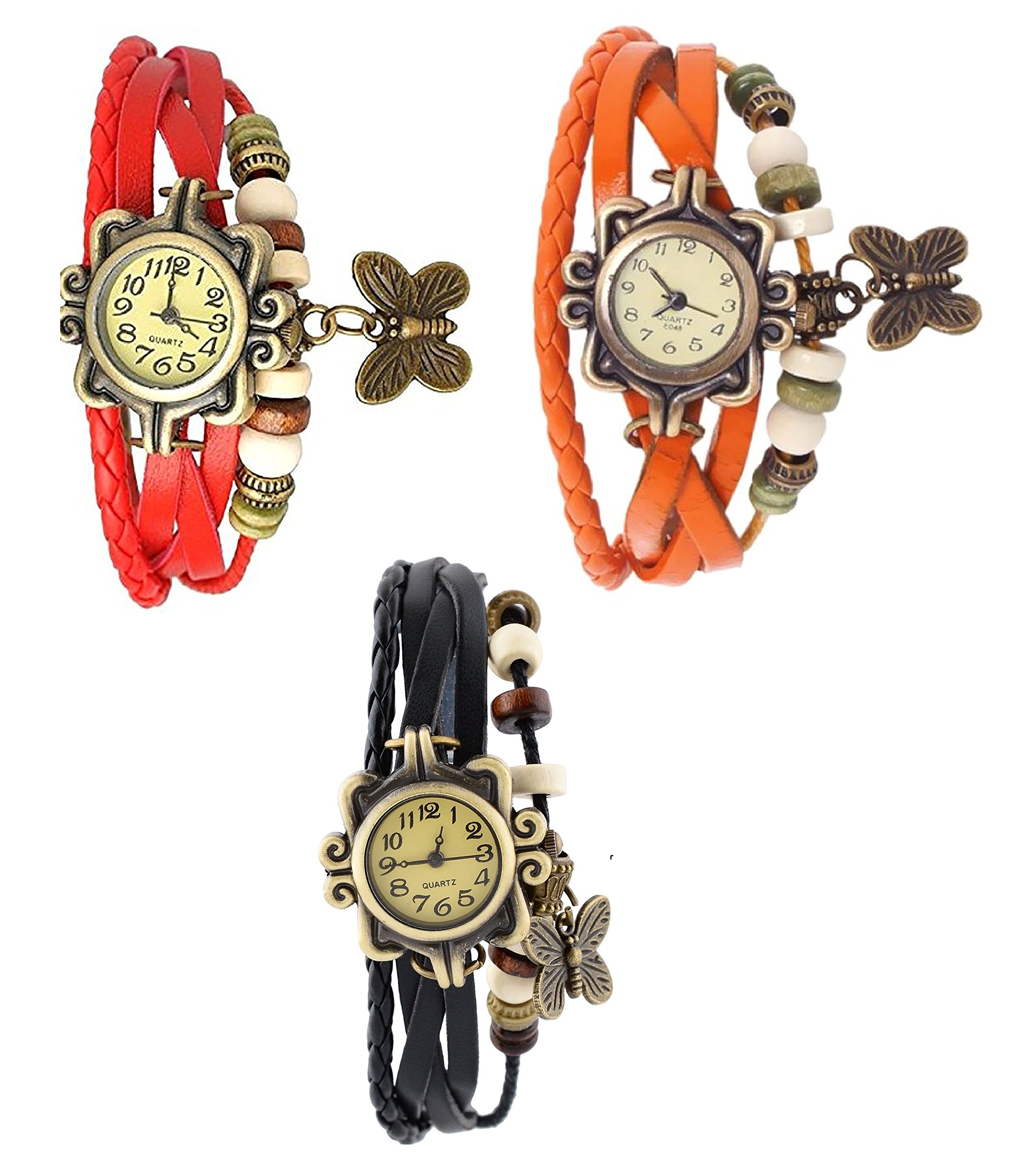 Pappi-Haunt Set of 3 Vintage Leather Red,Orange & Black Butterfly Bracelet Casual Analog Watch for Girls, Women - Combo Offer (B01F3JL89E) Amazon Price History, Amazon Price Tracker