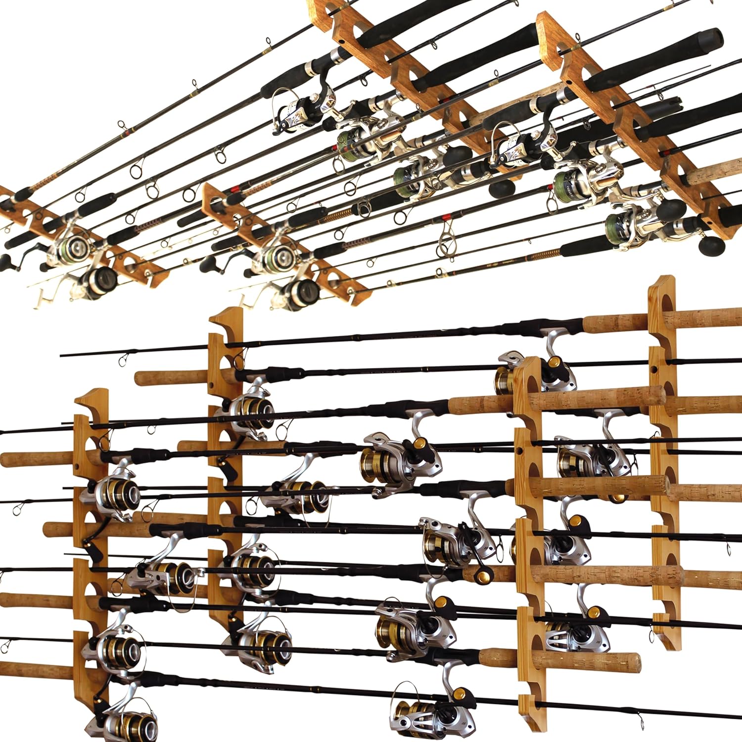 Rush Creek Creations 8 Fishing Rod Wall or Ceiling Storage Rack, Vertical or Horizontal Holder for Garage, 8 Rod and Reel Combo Capacity
