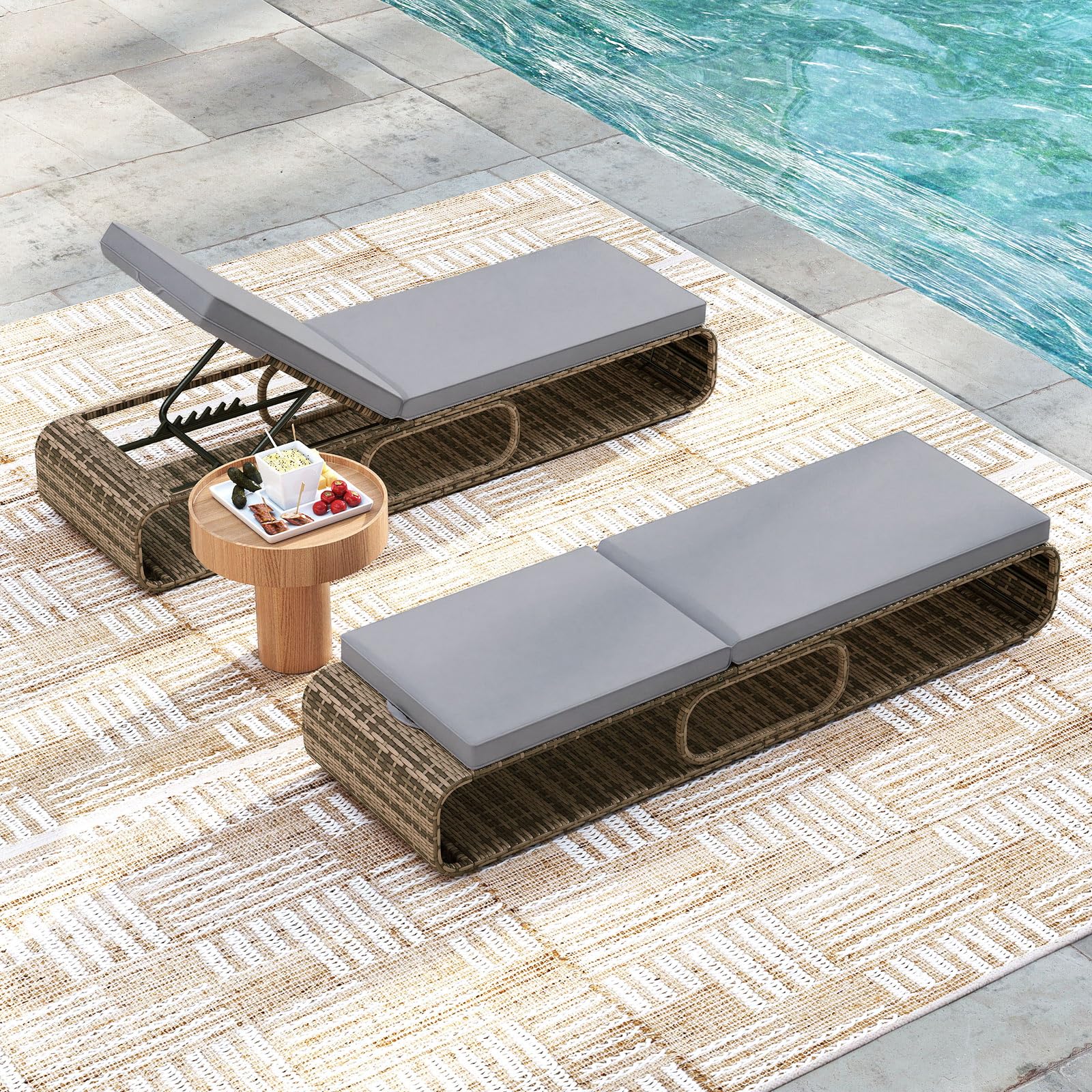 COSTWAY Sedia a Sdraio Imbottita in Rattan PE, Lettino Prendisole con Cuscino Morbido, Spazio di Stoccaggio e Schienale Regolabile a 7 Posizioni, Portata 180 kg, per Piscina e Giardino (1, Grigio)