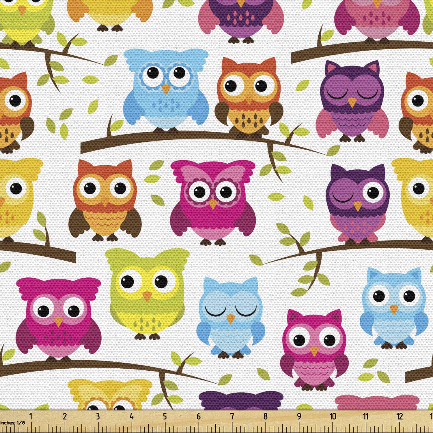 Lunarable Owls Fabric by The Yard, Owls in The Forest Woodland Celebration Friendship Togetherness Themed Art Print, Decorative Fabric for Upholstery and Home Accents, 3 Yards, Green Magenta