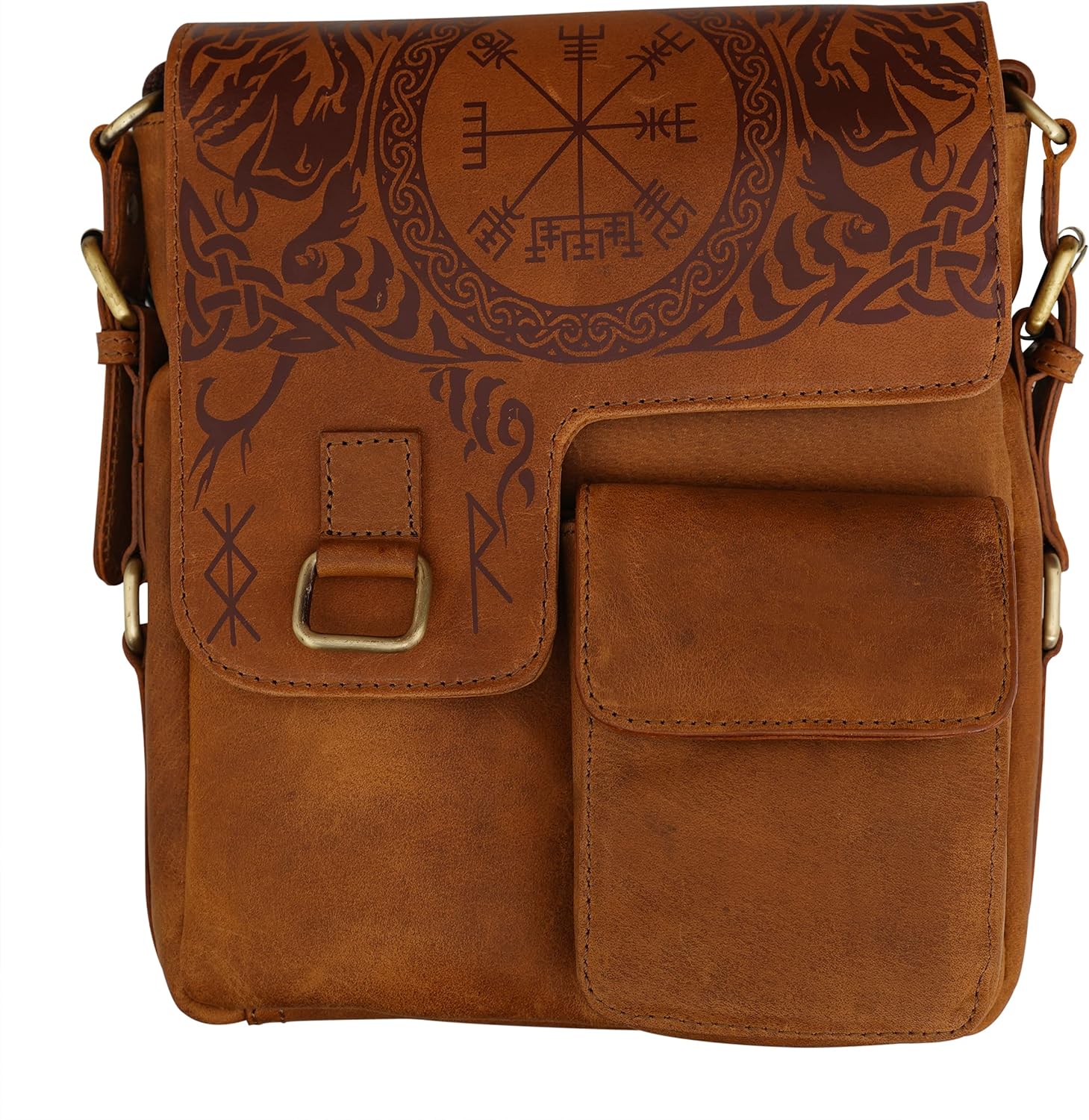 Mythrojan Urban Viking Leather Messenger Bag, Celtic Engraved Crossbody Shoulder Satchel, Vintage Norse Tablet & iPad Bag, Medieval Style Leather Carry Bag, 10.6” x 8.6” x 2.6”