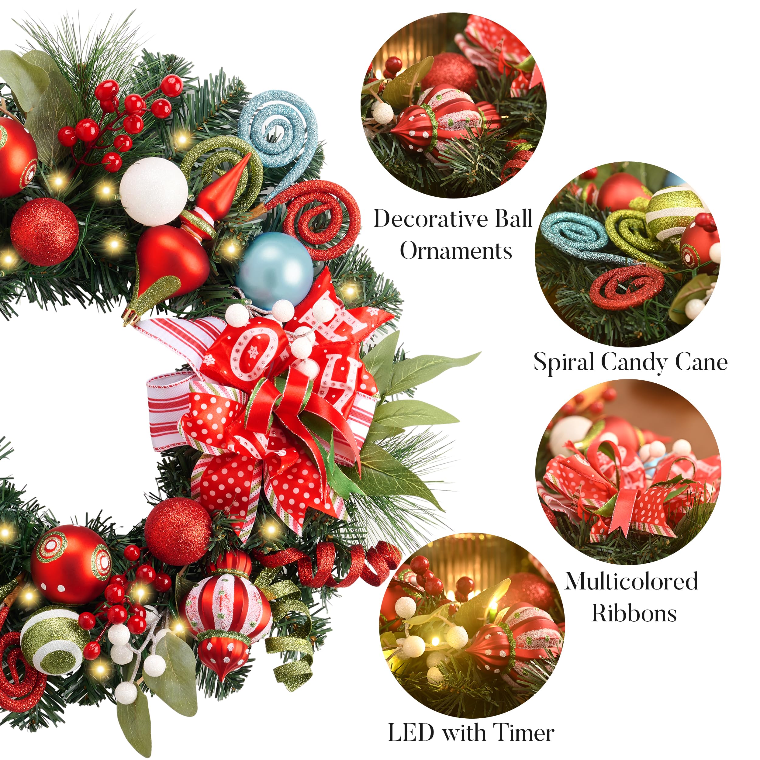 Valery Madelyn Couronne de Noël pré-éclairée de 45,7 cm pour Porte d'entrée avec lumières, Grande Couronne de Noël éclairée avec Boules de Noël Rouges et Vertes pour cheminée, fenêtre, Table