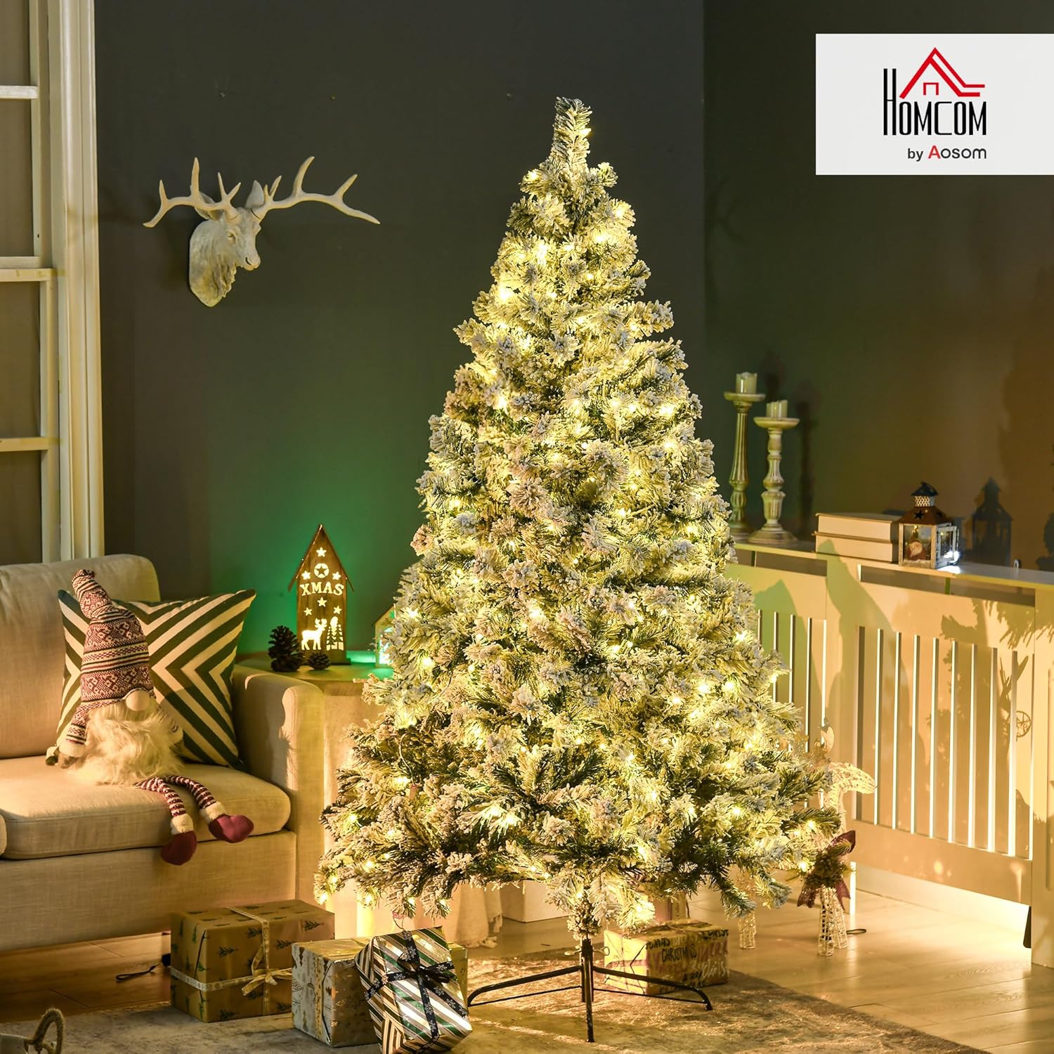 HOMCOM 6ft Prelit Artificial Christmas Tree, Xmas Tree with 350 Warm White or Colorful LED Lights, 607 Snow Flocked Branches and Steel Base, Holiday Decor
