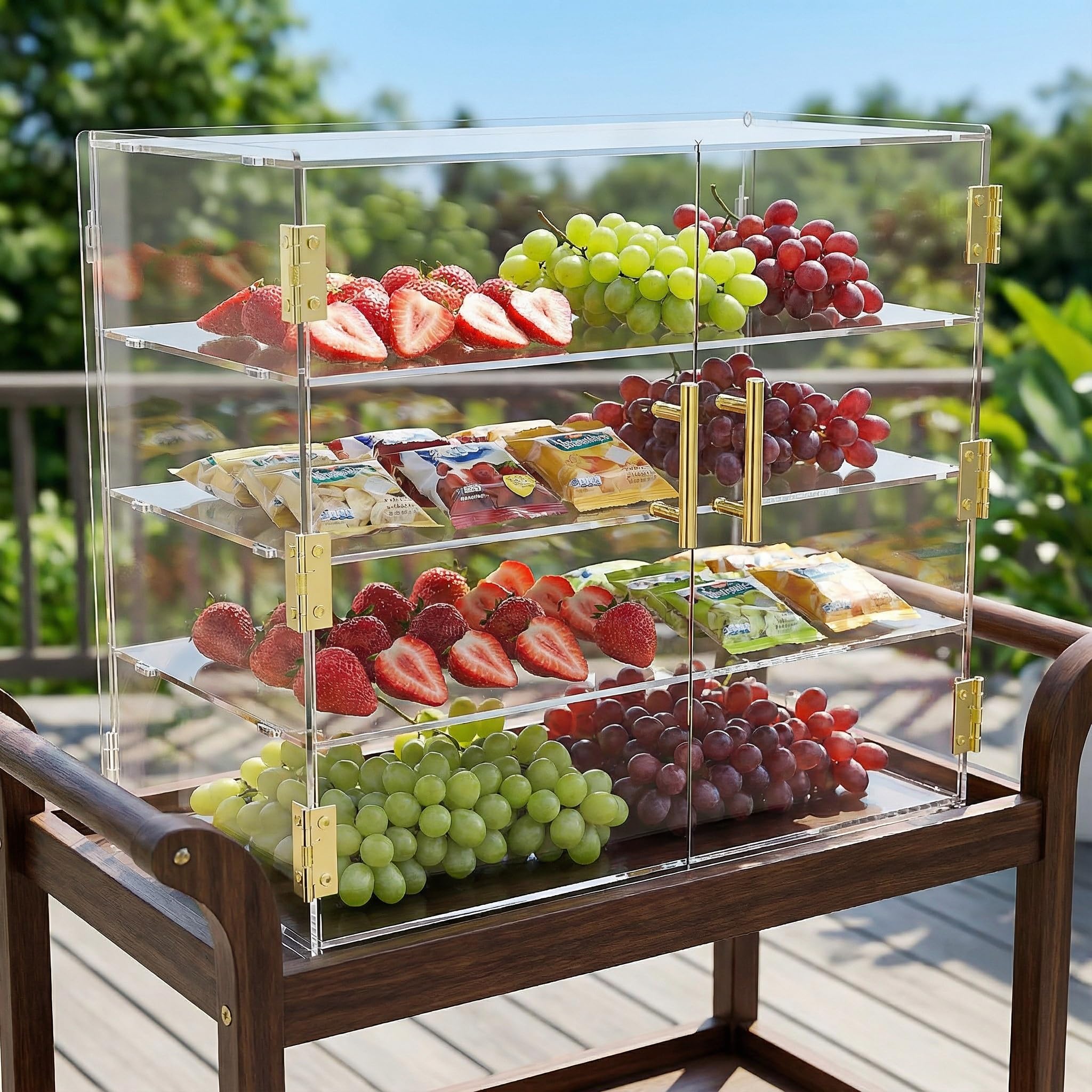 Vitrina de panadería de 4 niveles con puerta automática elástica, 19.5" x 19.69" x 10.3" caja de exhibición de acrílico transparente para repostería, vitrina de mostrador, gabinete de