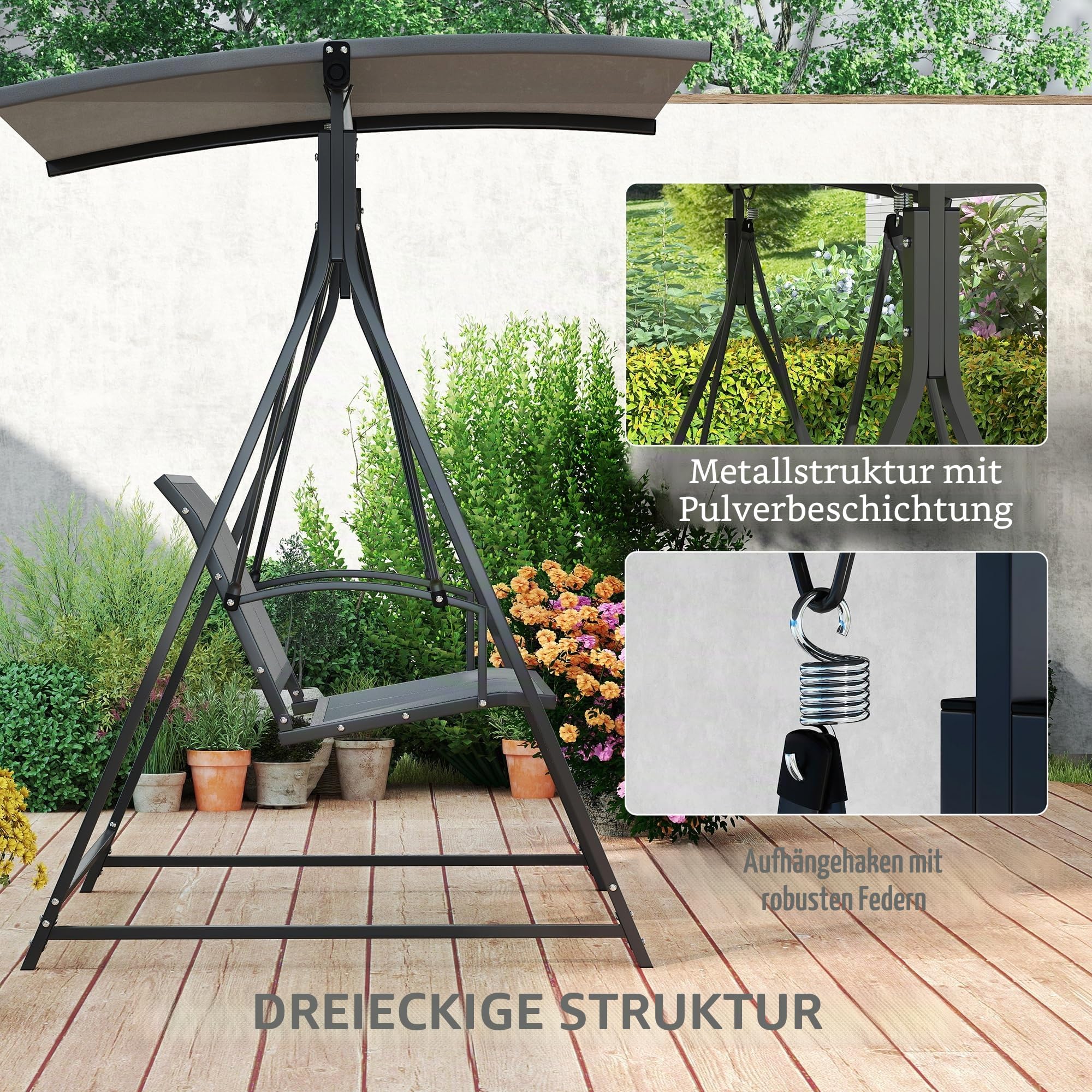 Outsunny Hollywoodschaukel für den Außenbereich, 2-Sitzer, Gartenschaukel, mit verstellbarem Sonnendach, UV-Schutz 30+, dreieckiges Gestell aus Metall, Belastung 220 kg, 160 x 112 x 162 cm, Dunkelgrau