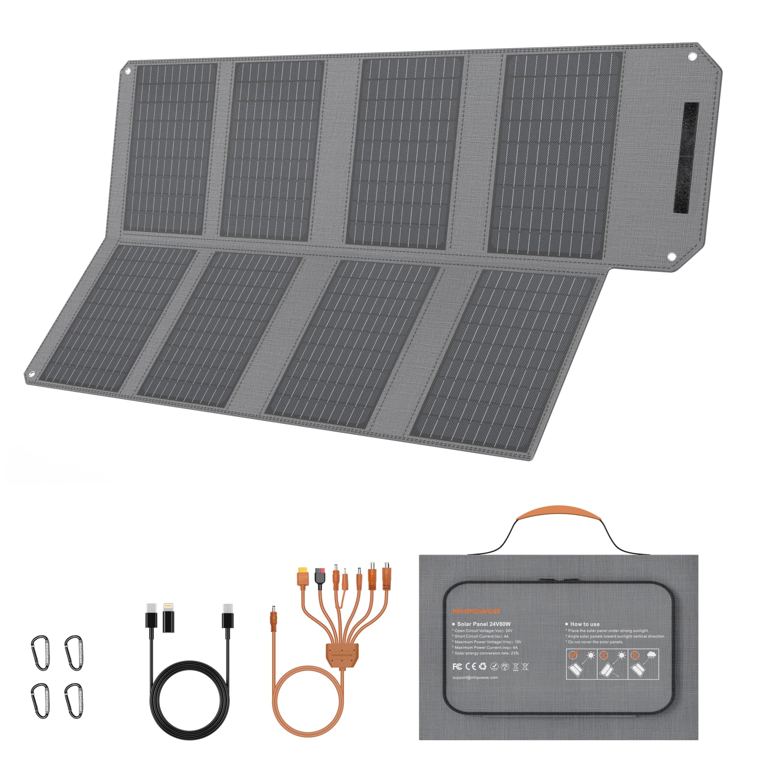 Chargeur solaire pliable 80 W, panneau solaire portable pour le camping avec sorties USB C, USB A et CC, mini-chargeur 19 V pour smartphone, randonnée, voyages en plein air, camping