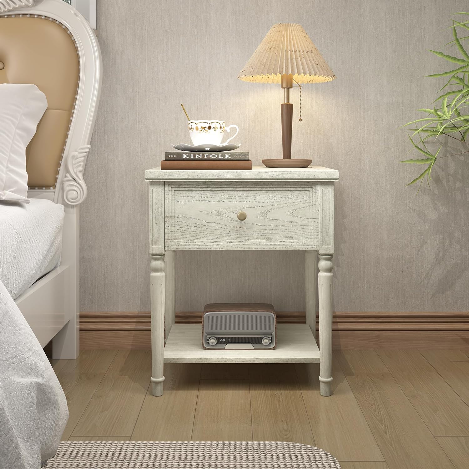 Solid Wood Nightstands Set of 2 with Drawer, Farmhouse End Table Sofa Side Table with Storage Shelves, Real Wood Beside Table Accent Table for Small Spaces, Living Room, Easy Assembly (Vintage Gray)