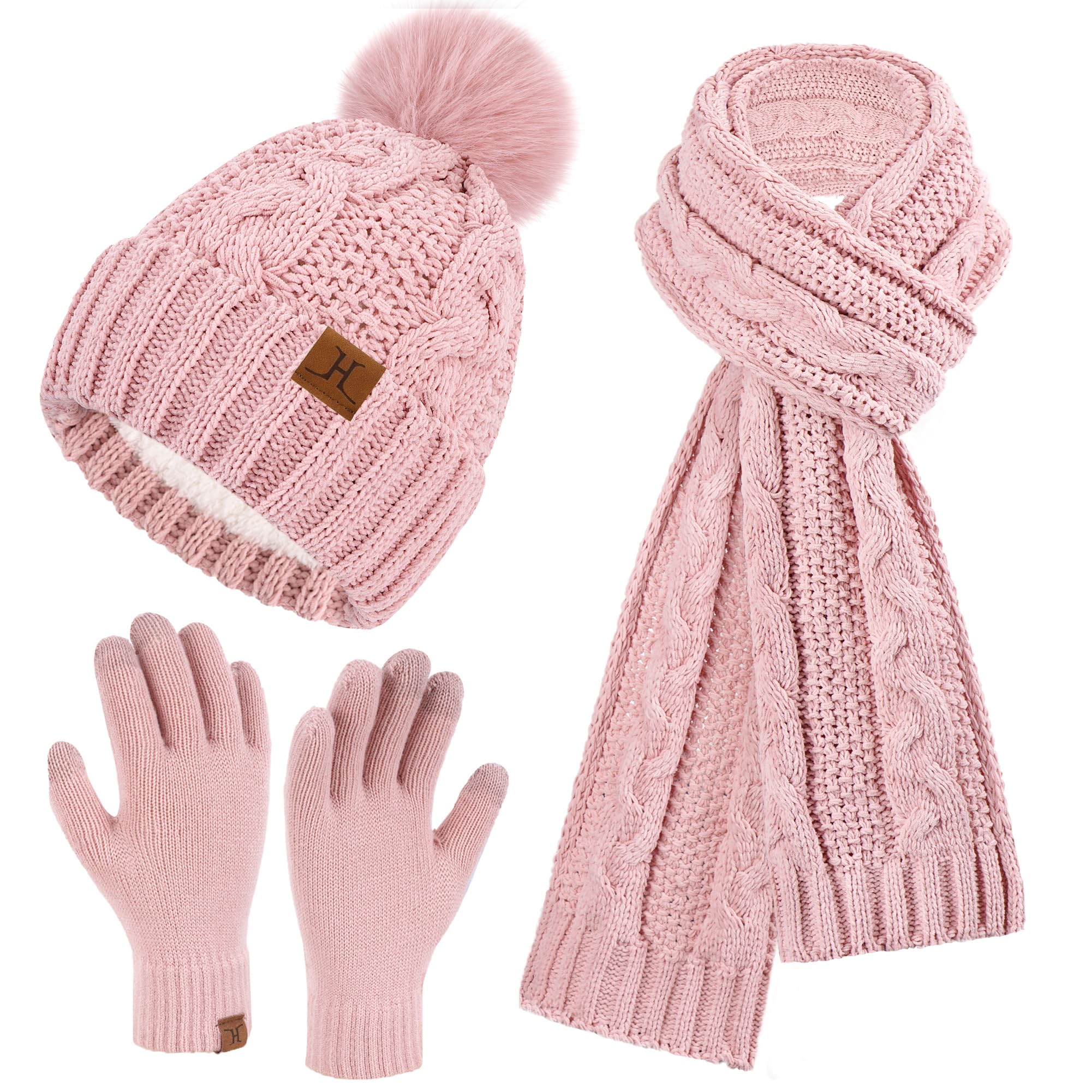 ZASFOU Femme Hiver Bonnet Chapeau Foulard Écran Tactile Gants Ensemble Chenille Pompon Tricot Polaire Doublé Casquette Écharpe Gant Cadeaux pour Femmes