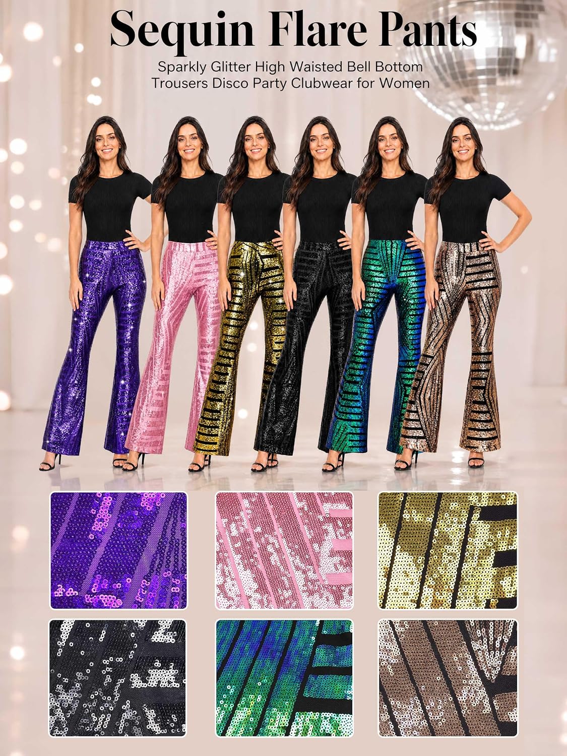 Women's 70s Disco High Waist Bell Bottom Sparkly Pants，70s Disco Party Clubwear Outfits for Women