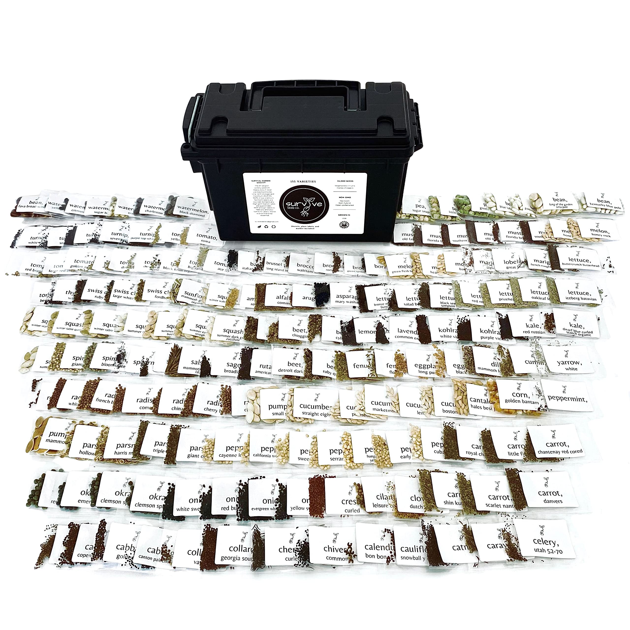 Survival Seed Kit #1 Largest Variety Heirloom Seed Collection - 155 Varieties - (Over 35,000 Seeds) Vegetable Fruit Herb Flower, Non-GMO, Seed Vault, Home Garden by