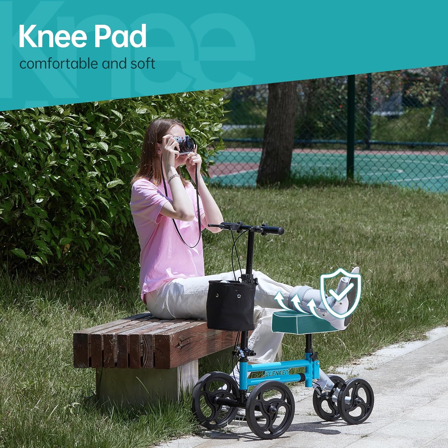 Close-up of the comfortable knee pad on the ELENKER knee scooter.