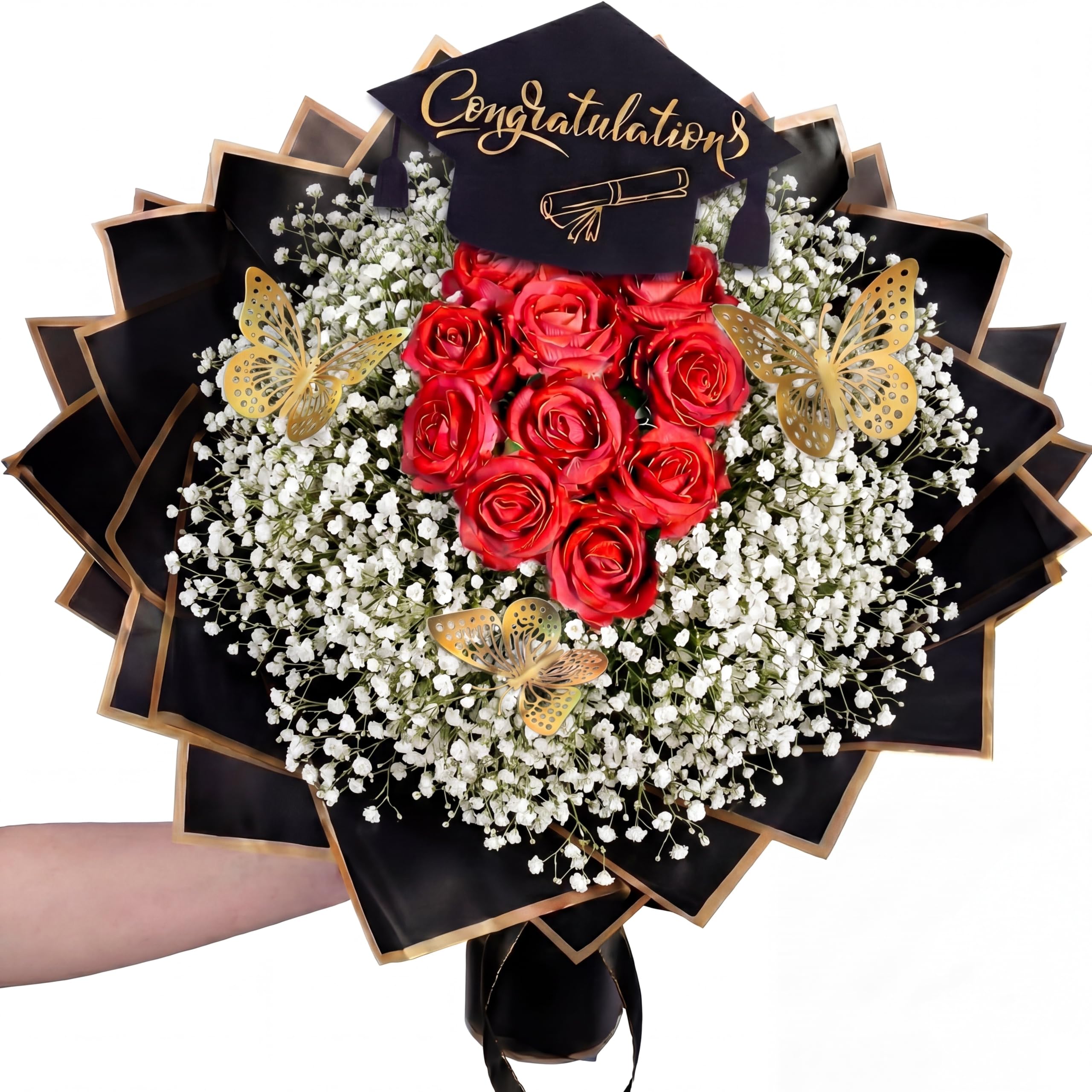 Gilprop 127 Pcs Graduation Money Flower Bouquet Kit, 10 Sheets Gold Edge Black Floral Wrapping Paper 90 Pcs Bamboo Skewers Floral Foam Blocks 3D Butterflies for Graduation Congratulations Money Box-image-49