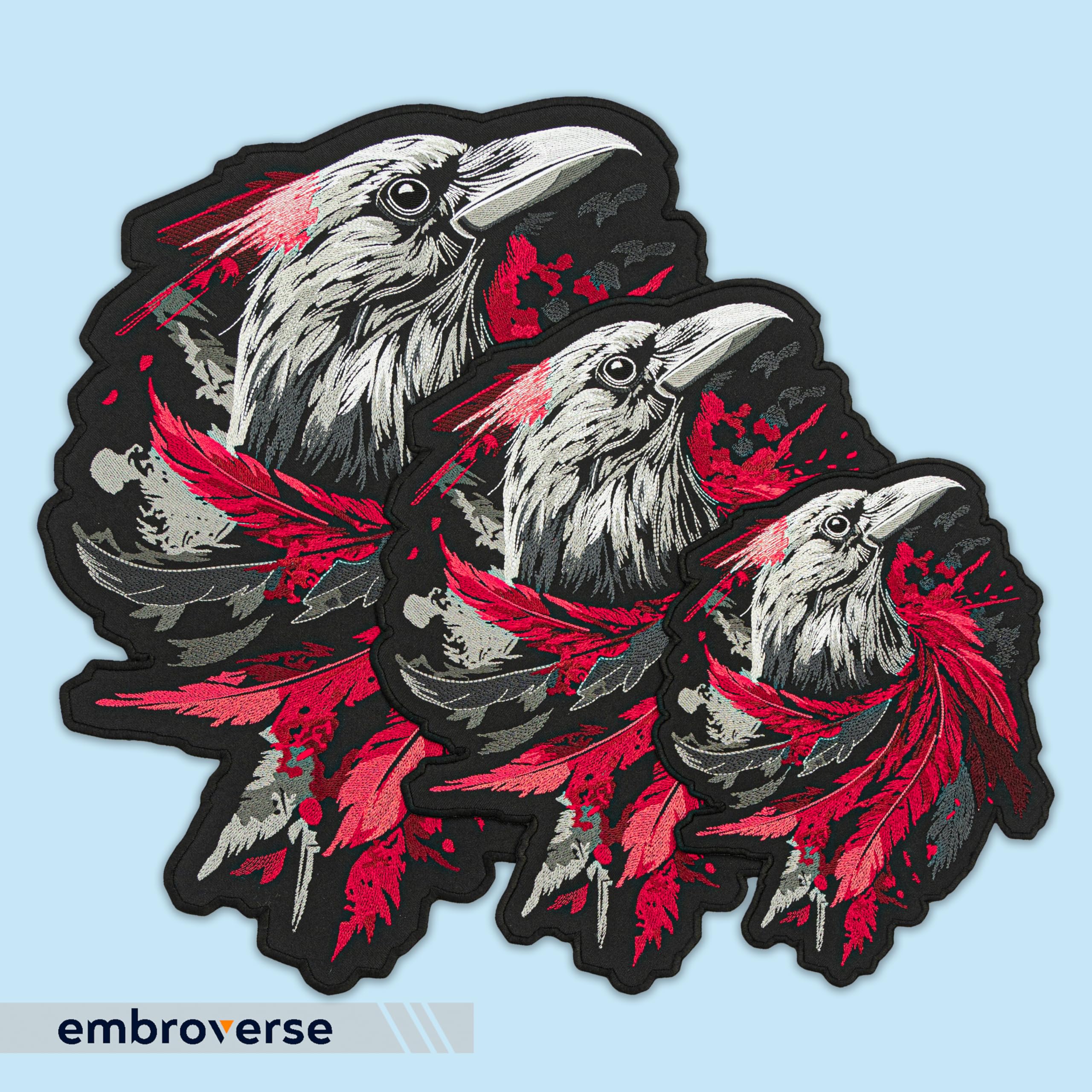 EMBROVERSE Parche de espalda de cuervo oscuro, pájaro gótico de plumas rojas sangre, declaración de córvid mística, bordado de alta calidad para chaquetas y manualidades, 11.2 x 13.9 pulgadas