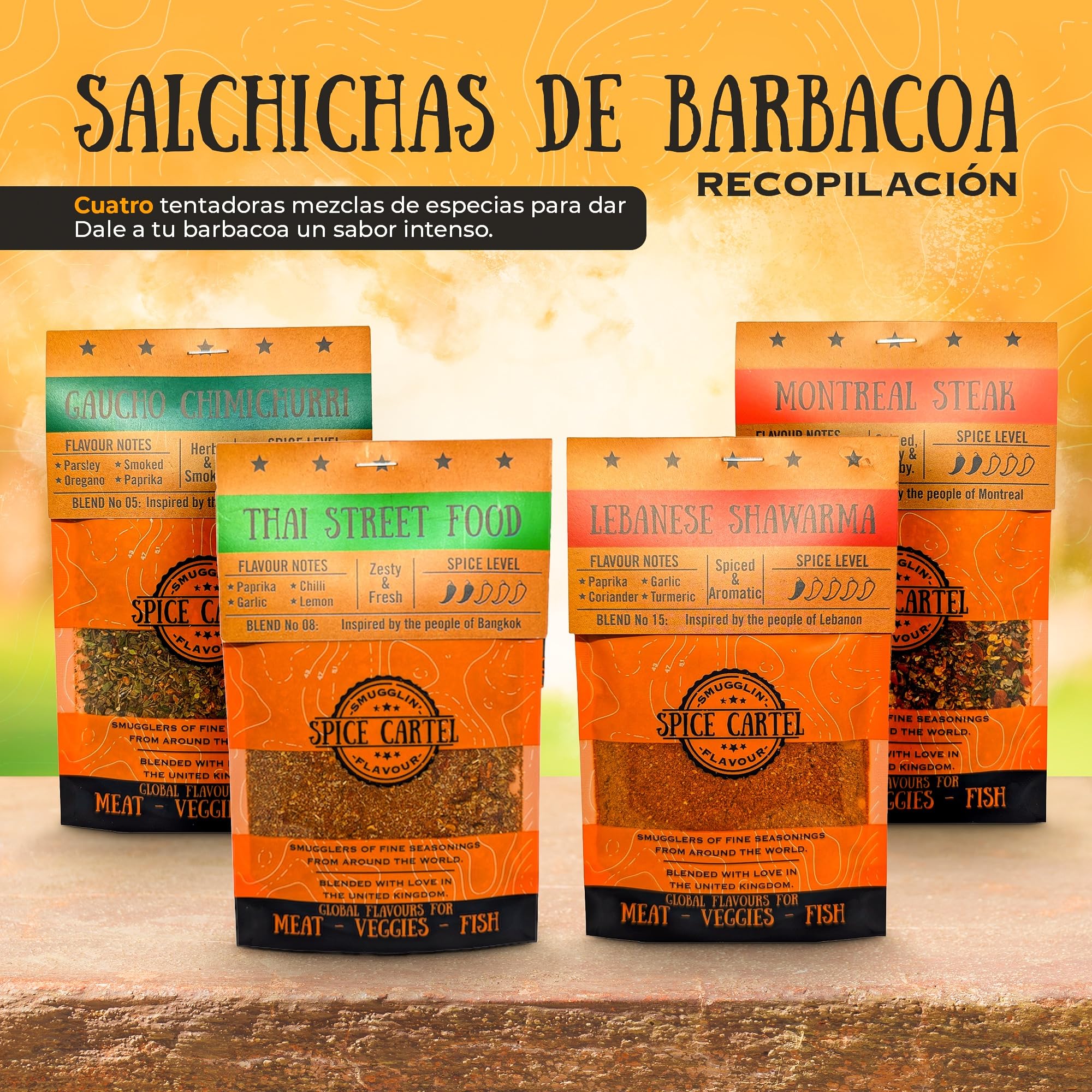 Spice Cartel, Barbecue Bangers Collection of Rubs & Marinades para barbacoa seriamente sabrosa, 4-35 g de bolsas resellables