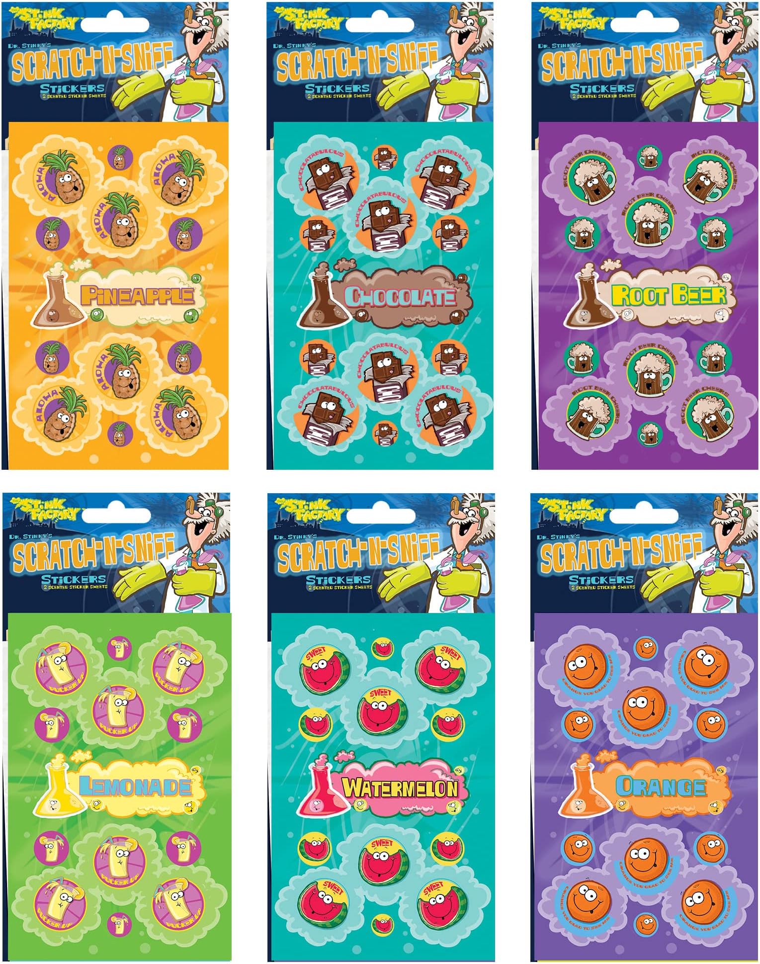 Just For Laughs Dr. Stinky's Scratch N Sniff Stickers 6-Pack, Chocolate, Rootbeer, Pineapple, Orange, Watermelon, Lemonade, 162 Total