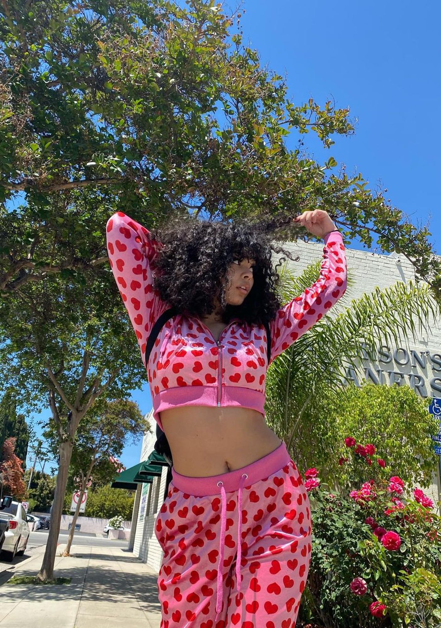 Dolls Kill Loyal Maneater Velour Track Pants by Sugar Thrillz – Heart Print Sweatpants with Flared Bottom & Drawstring Waist: X-Small Pink