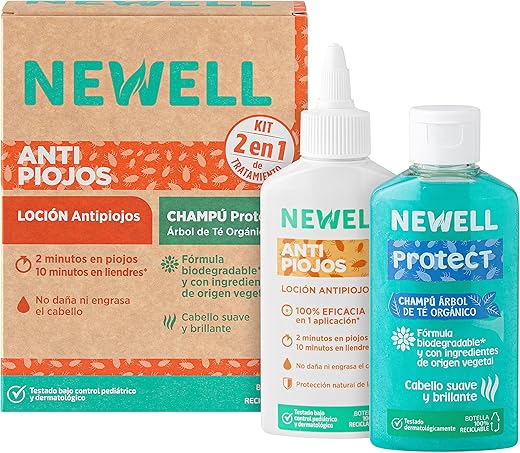NEWELL | KIT ANTIPIOJOS | Incluye Loción y Champú Newell | Elimina 100% Piojos y Liendres | Kit 100ml + 120ml | No Daña ni Engrasa el Cabello | Botellas 100% Recicladas y Reciclables