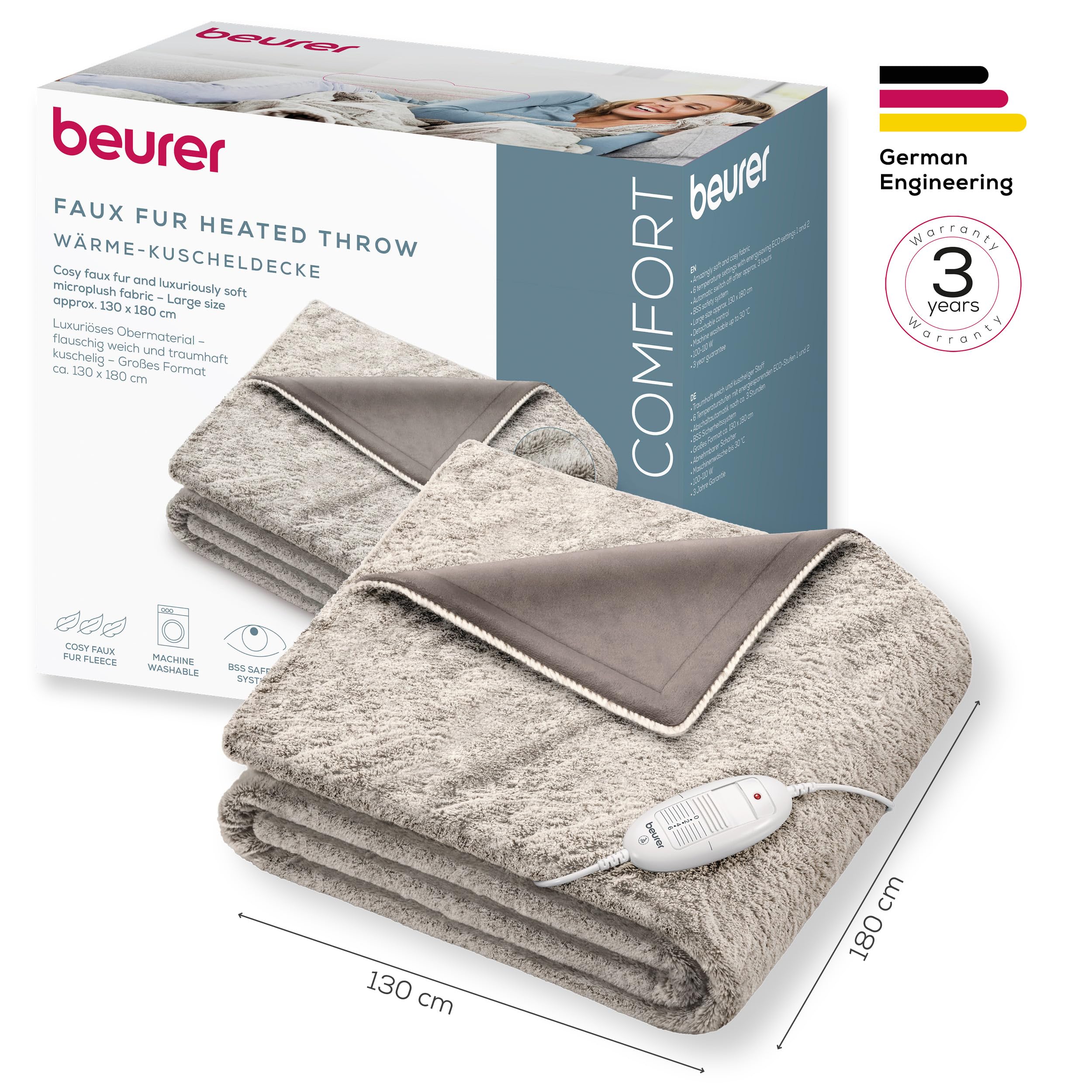 Beurer HD 75 Nordic Heizdecke, 180 x 130 cm, 6 Temperaturstufen, maschinenwaschbar, beige / braun