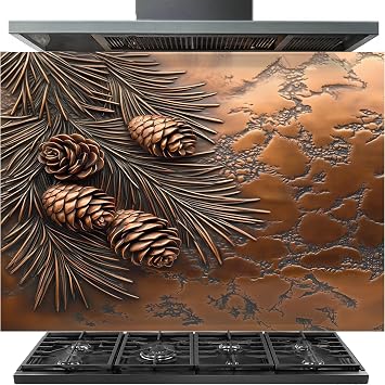 Tempered Glass Backsplash for Kitchen, Pine Cones and Needles Design Glass Backsplash, Copper Look Backsplash for Kitchen Wall, Rustic Kitchen Backsplash, Easy to Install Stove Backsplash