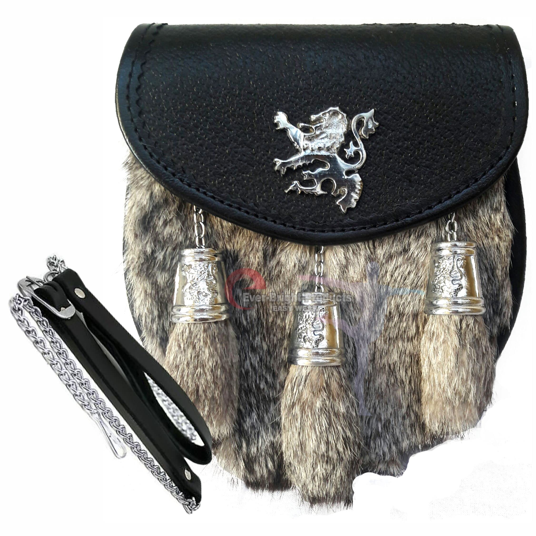 Scottish Kilt Semi Dress Grey Rabbit Sporran with Rampant Lion & Tassels Caps