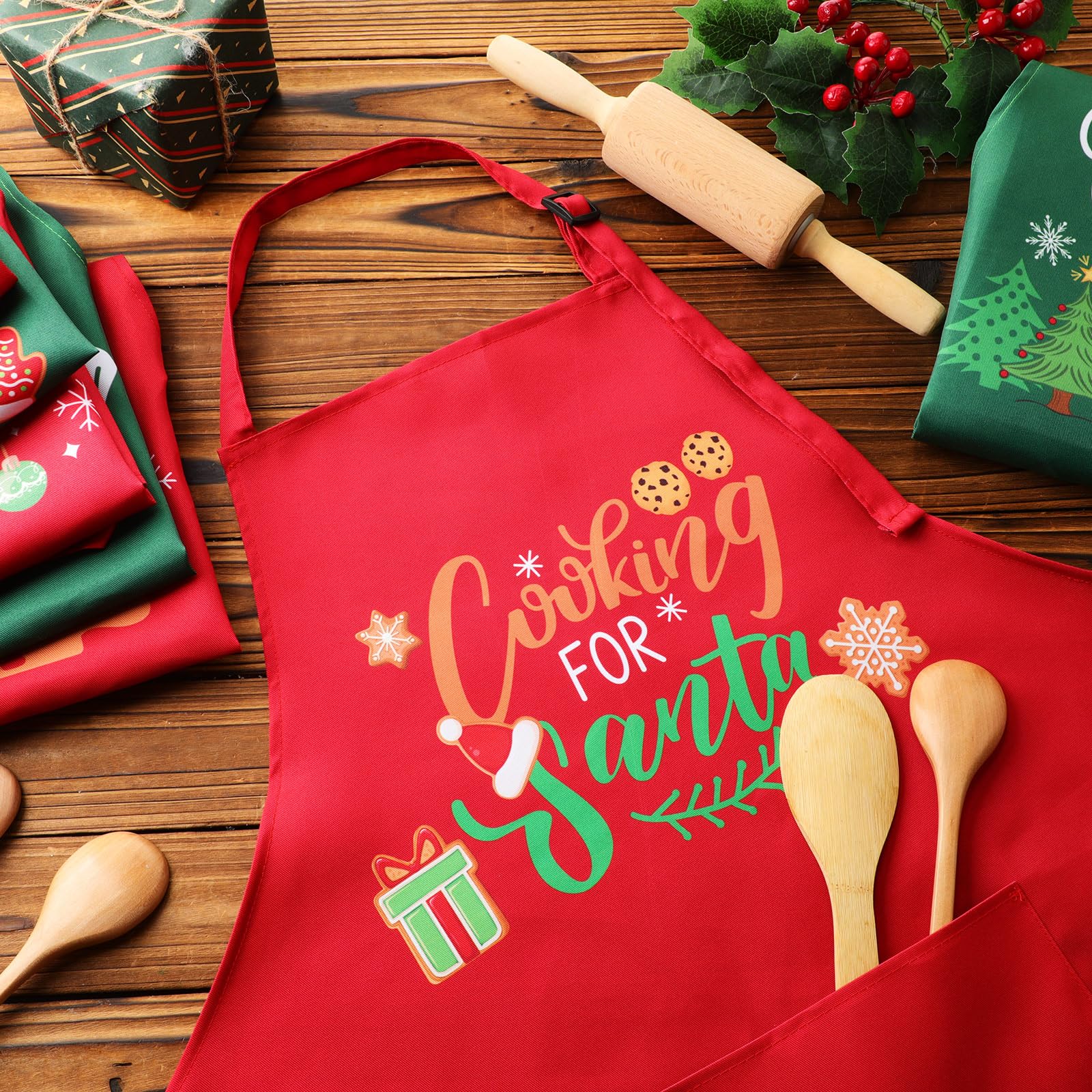 8 delantales de Navidad a juego con bolsillo, delantal de cocina de Navidad, delantales de cocina, delantales divertidos para galletas, regalo para familia, esposa, marido, pareja, Verde,