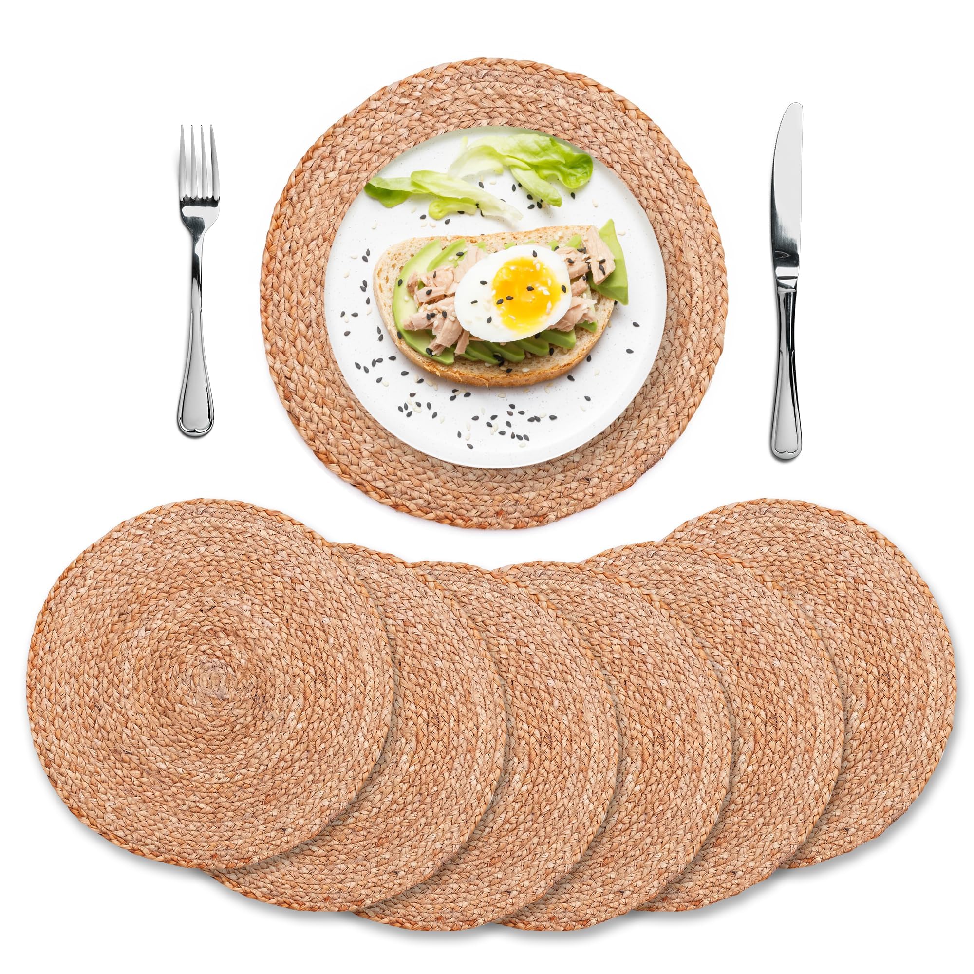 Eco Crave Salvamanteles Individuales de Yute, 100% Yute Natural, Antideslizantes, Redondos de 13 x 13 Pulgadas, para Mesa de Comedor, Paquete de 6