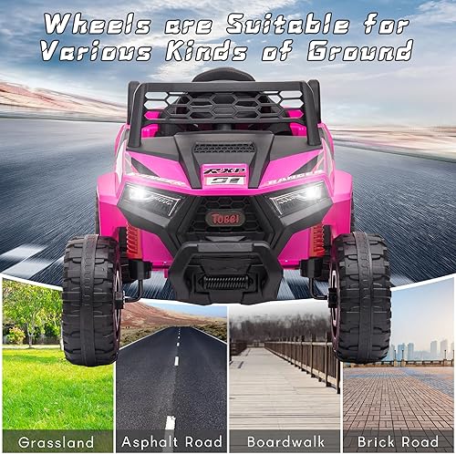 Miniatura 8 de TOBBI Vehículo de paseo para niños de 12 V, camión eléctrico todoterreno UTV con diversas funciones, puertas dobles abiertas, cinturón de seguridad,