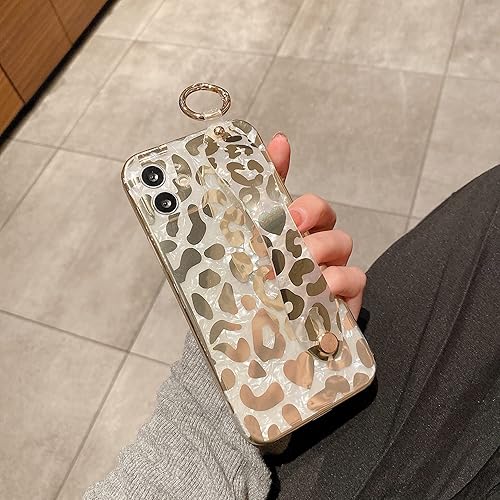 Miniatura 6 de Funda para iPhone 14 con correa de muñeca de leopardo chapado en oro y bucle para el dedo, correa de muñeca ajustable de TPU suave, soporte de lazo,