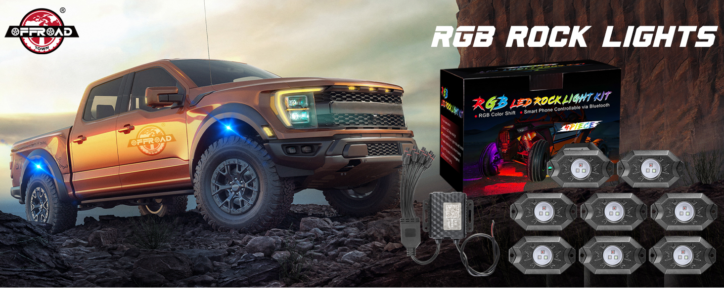 OFFROADTOWN RGB Rock Light Kit – 8 Pods Bluetooth-Controlled LED