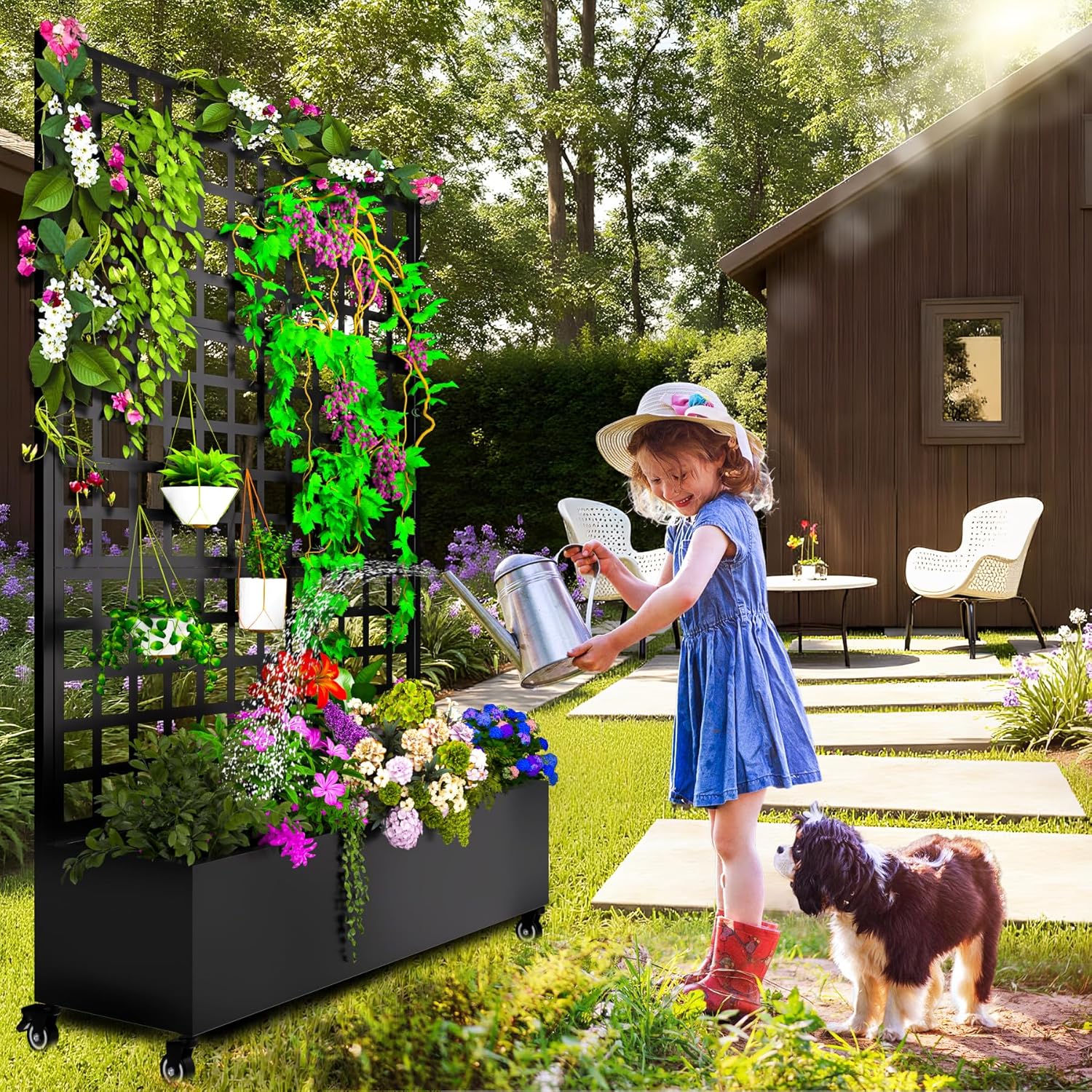MTART Metal Planter Box with Trellis, 72"x47"x16" Outdoor Galvanized Raised Garden Bed with Privacy Screen & Drainage Holes & Lockable Casters for Climbing Plants, Vegetable, Vines (Black-Grid)