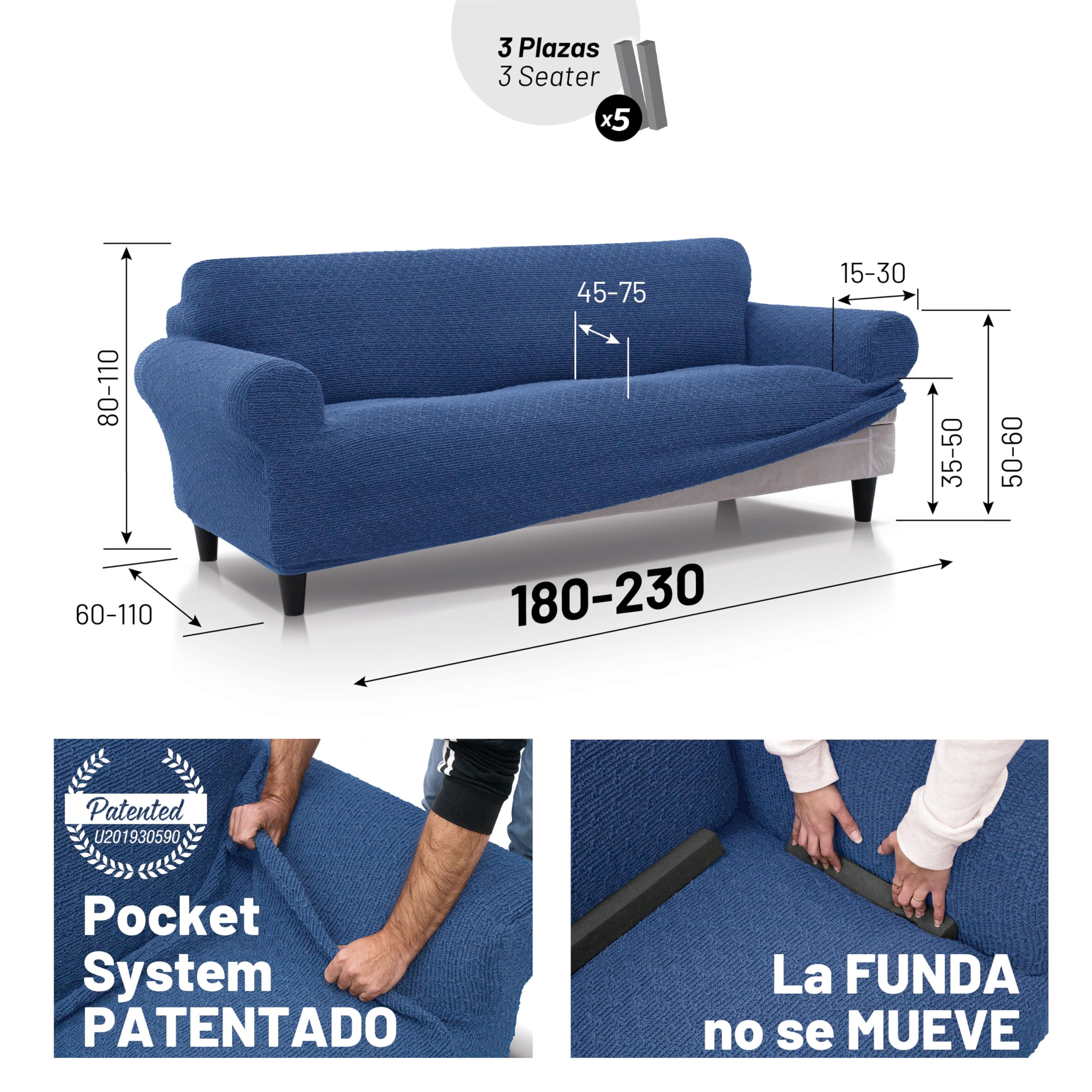 FAVERTI® Funda Sofá Premium 3 Plazas - Funda de Tejido Súper Elástico para Sofás de 180 a 230cm | Modelo BOCAIRENT | Azafata | Funda Sofá Súper Ajustable | Protector Sofá Elegante Tacto Algodón