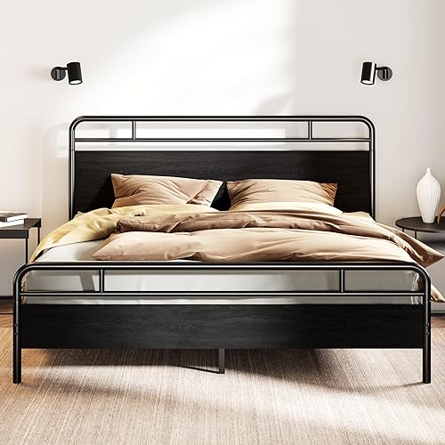 Miniatura 13 de SHA CERLIN Base de cama tamaño King con cabecera y pie de cama de madera, estructura de metal con esquinas redondeadas, listones de servicio pesado