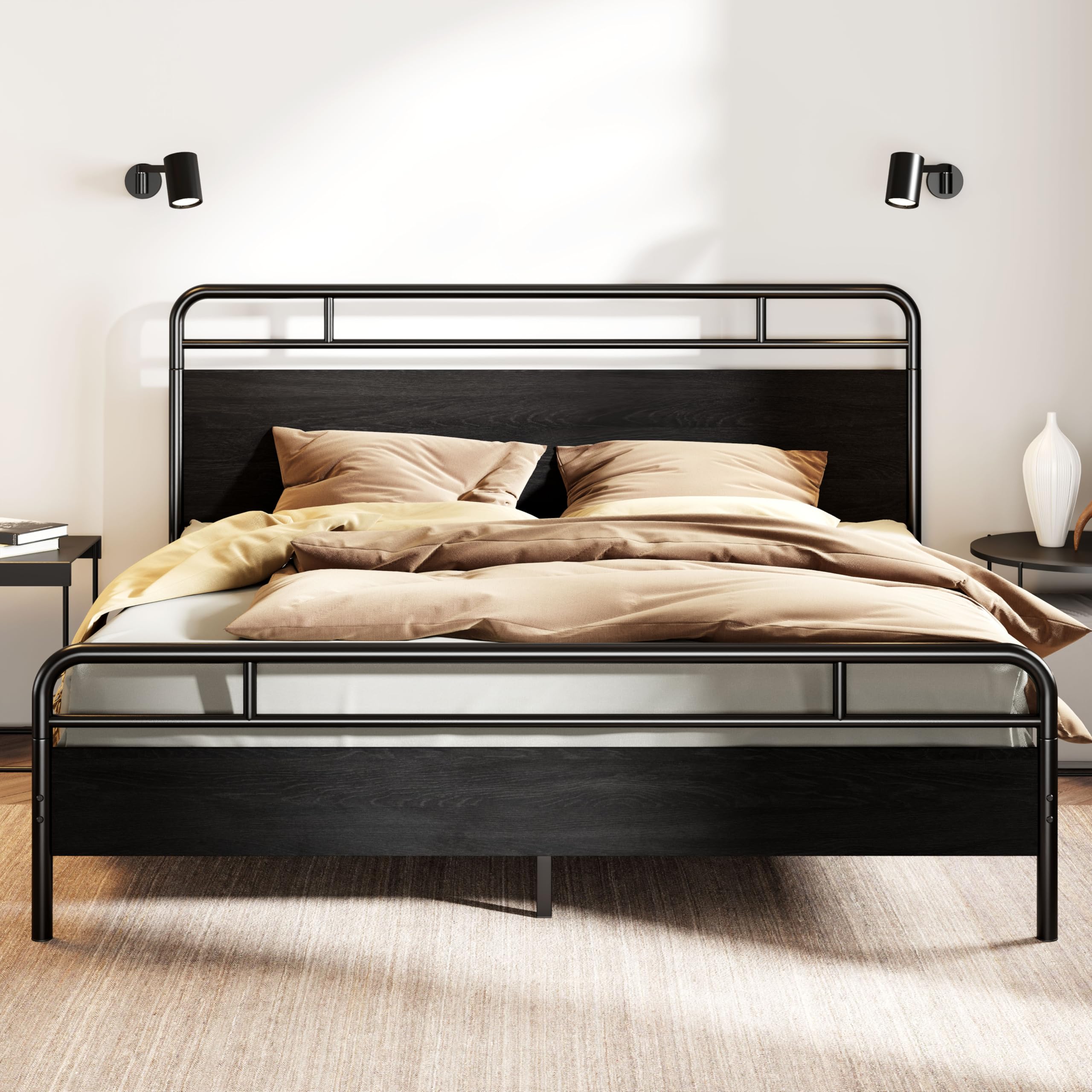 SHA CERLIN King Size Bed Frame with Vintage Industrial Wood Headboard Heavy Duty Metal Platform with 12 Under-Bed