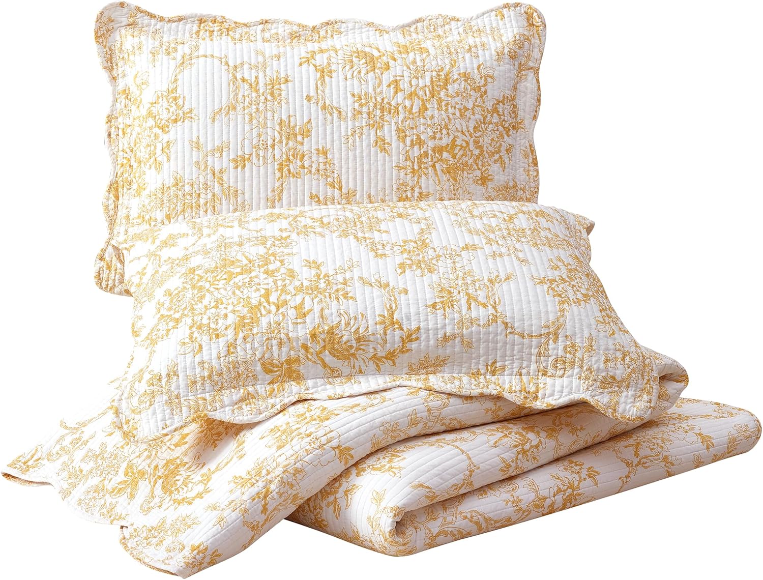 Modern Heirloom Garden Toile 3-Piece Reversible Quilt Set - Lightweight Coverlet Set, Floral Vintage Quilted Bedding Set with 2 Shams, All Seasons, King Size, Yellow Gold | Breathable Material, Reversible, Lightweight