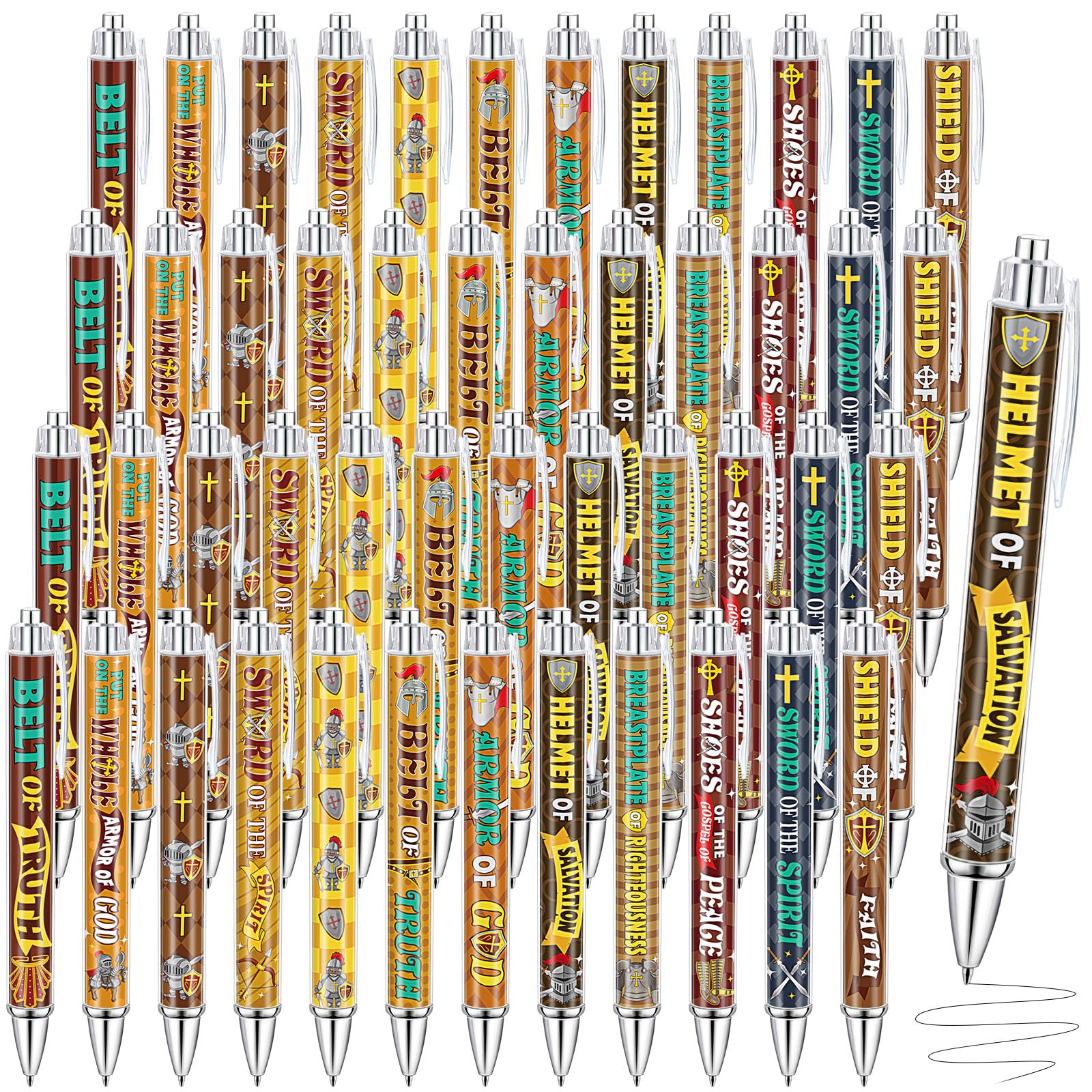 Dispowreath 48 Pcs Armor of God Party Favors Medieval Knight Pens Bulk Religious Christian Bible Verse Ink Ballpoint Pens Retractable Smooth Writing