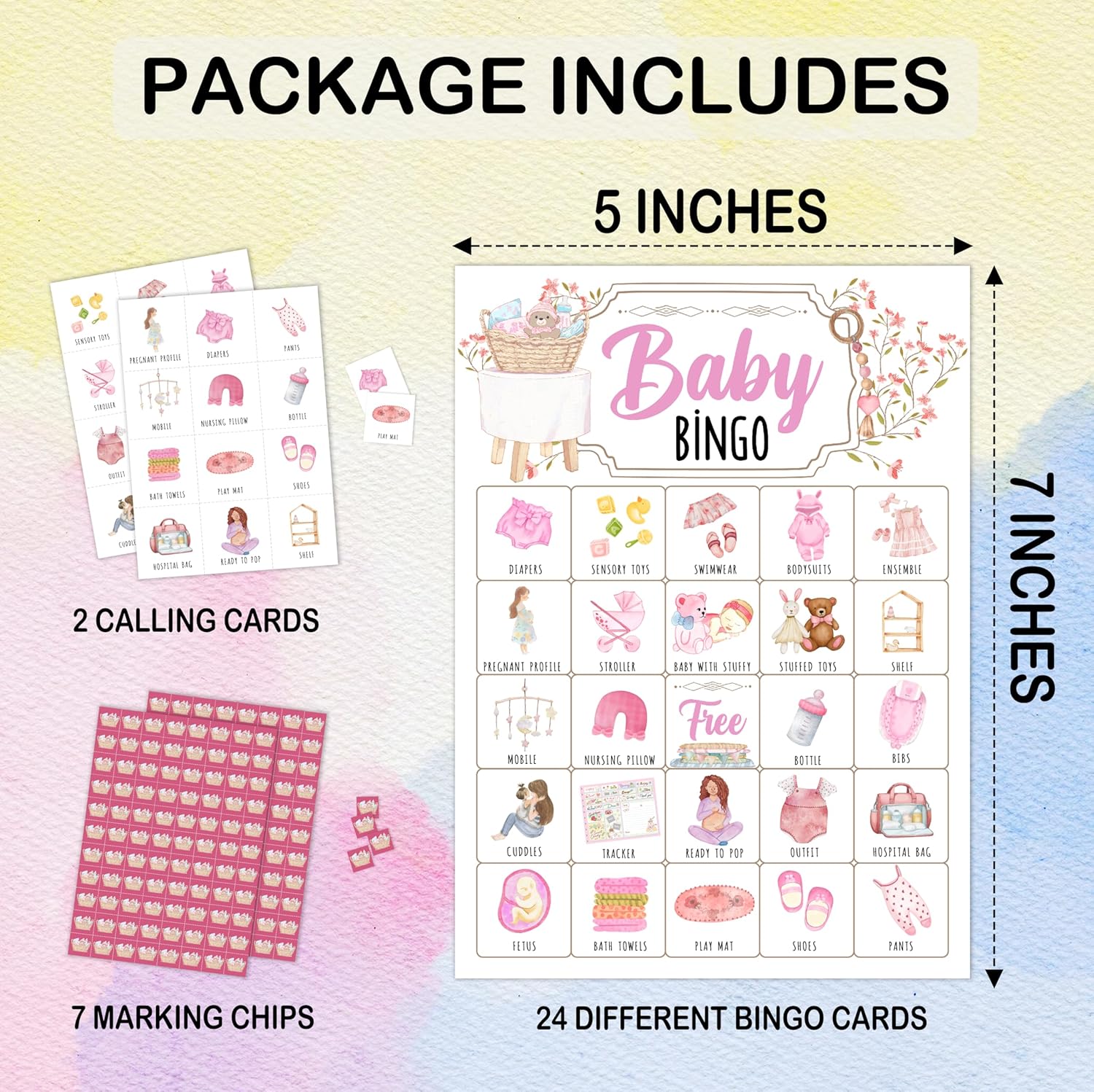 Pink Bingo Card, Baby Shower Bingo Game, 24 Bingo Sets, A007