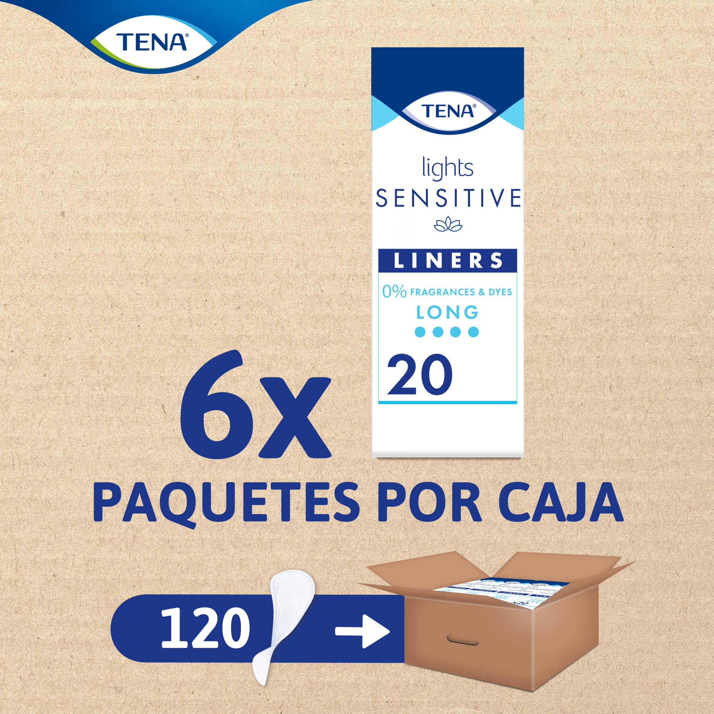 TENA Discreet Sensitive Long 20 - Protegeslip Delgado y Extra Largos - Compresas Finas para Incontinencia y Pérdidas de Orina Inesperadas - 120 Protectores Anatómicos Transpirables