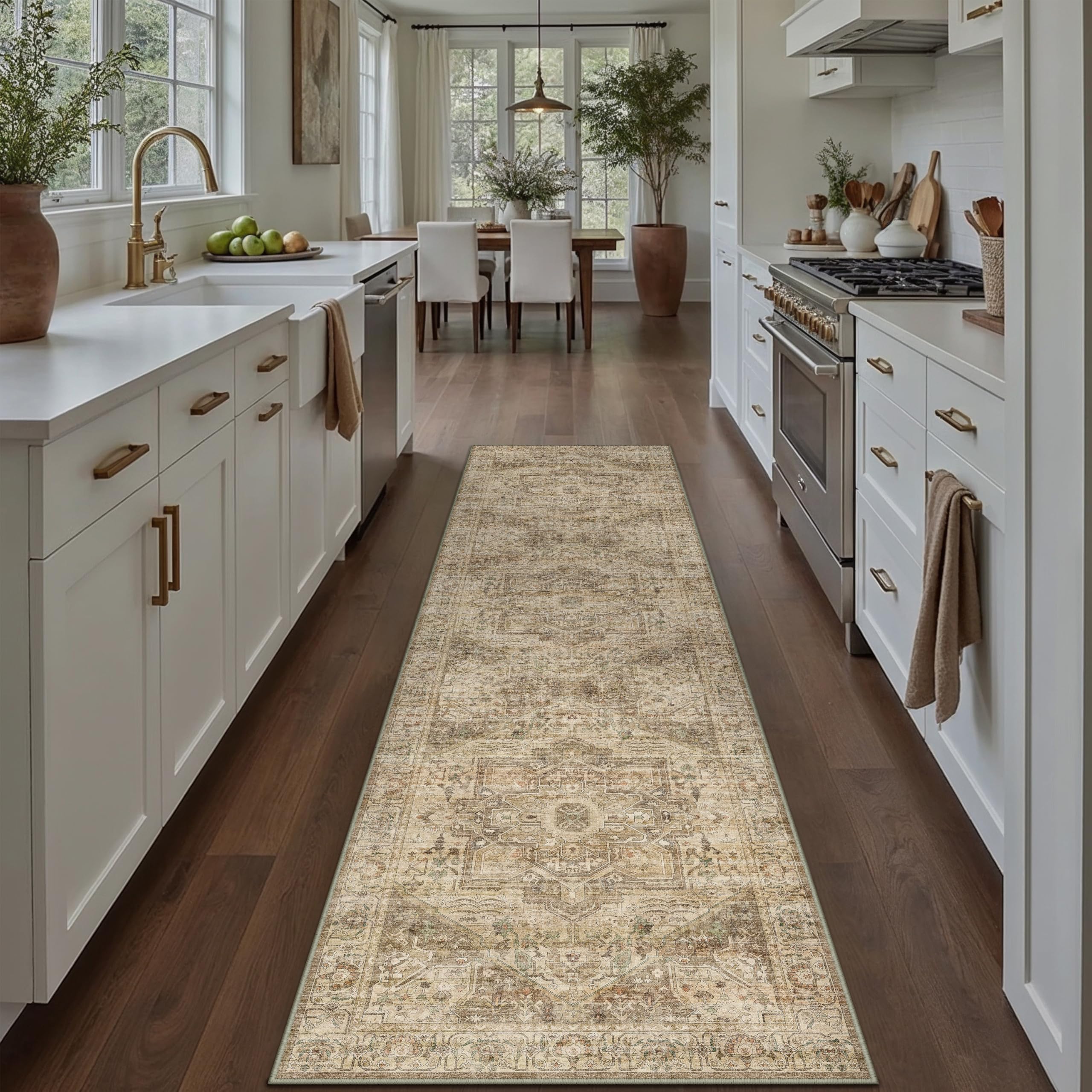 HUGEAR Vintage Braun Multi Waschbarer Teppich 60x240cm LäUfer Flur rutschfest Weich Vorzimmer Tepich Kurzflor Schlafzimmer Retroteppiche KüChe Bedroom Brücken Hallway Carpet