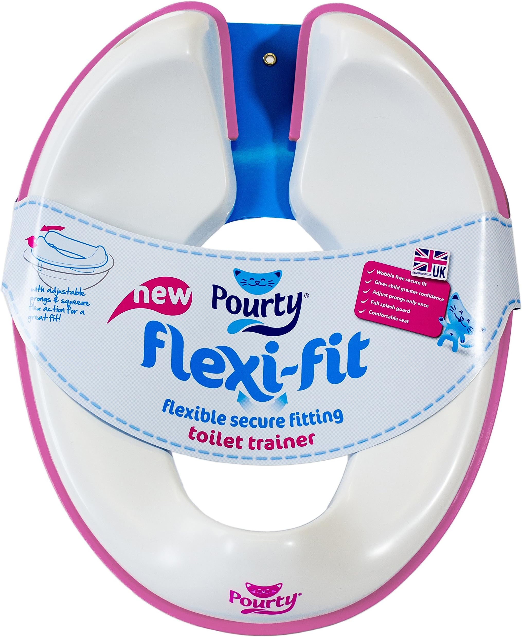 Pourty Flexi-Fit Toilet Trainer, White/Pink, Adjustable to securely fit a Wide Range of Toilet Seats