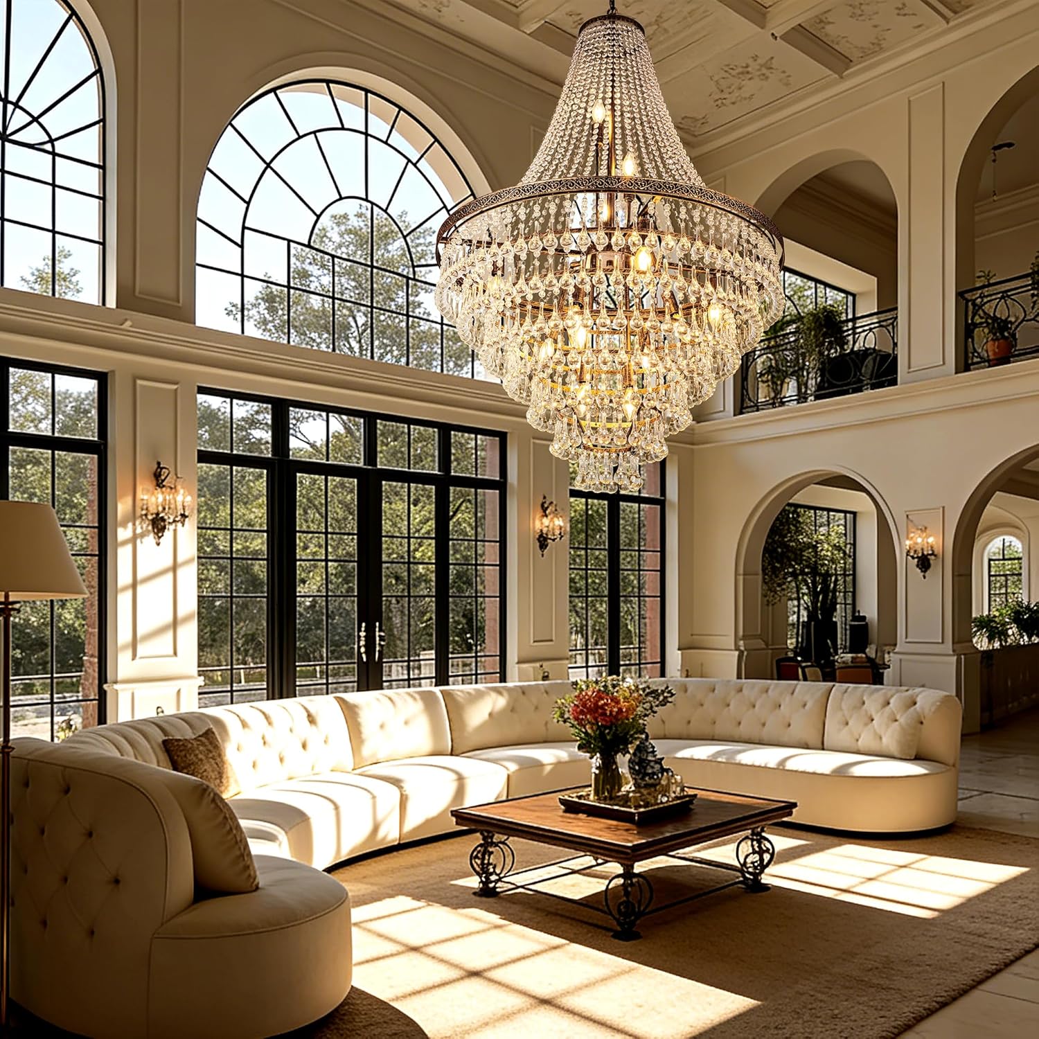 Wellmet French Empire Crystal Chandeliers, Antique Bronze Chandeliers 13 Lights, Rustic Farmhouse Chandelier High Ceiling Light Fixture for Entryway, Foyer, Dining Room, Staircase, 34" W