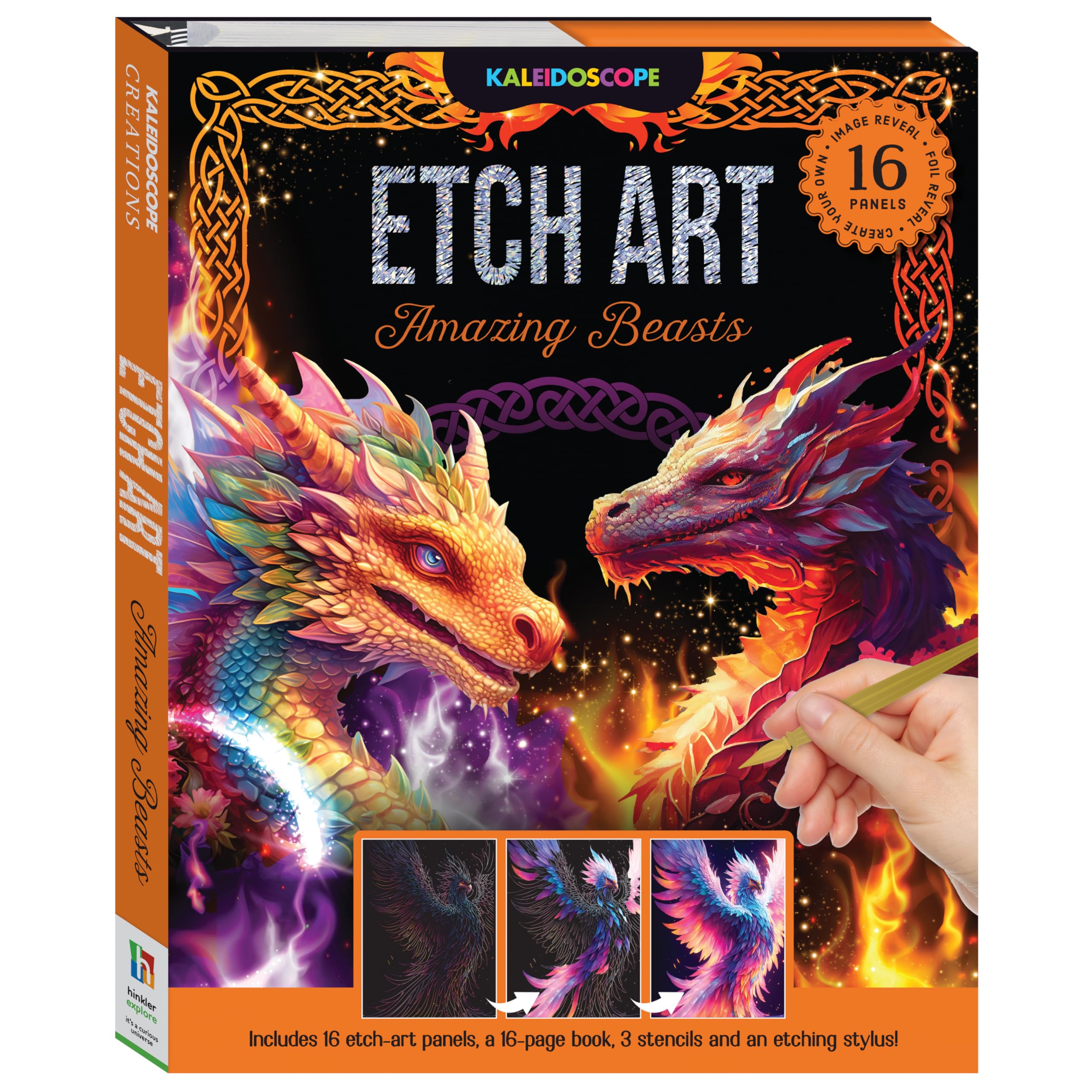 Hinkler Kaleidoscope Etch Art Creations – Amazing Beasts Edition, Includes 16 etch-art panels, a 16-page Book, 3 Stencils and an etching stylus, Creative Etching Art Kit for Kids