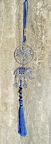 Miniatura 5 de Árbol de la vida de ojo azul de la suerte + colgante doble de elefante feliz con cordón azul y borlas  Adorno para colgar en el coche  Accesorios