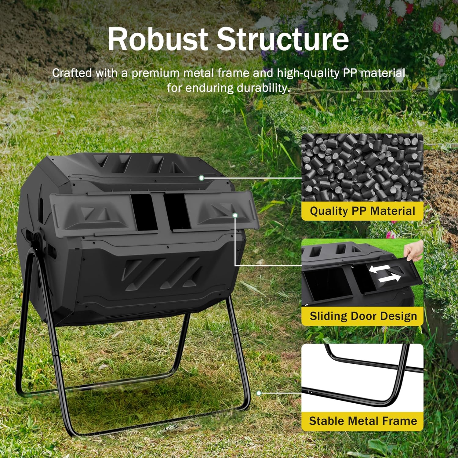 JupiterForce 43 Gallon Compost Bin Outdoor Dual Chamber Composter Tumbler 360° Rotating Tumbling Composter with 2 Sliding Doors for Kitchen, Garden, and Yard Waste, Black (BPA Free)