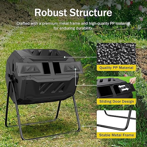 Miniatura 5 de JupiterForce Vaso de abono de doble cámara para exteriores, 43 galones, contenedor grande de compostaje para exteriores, con rotación de 360, con 2