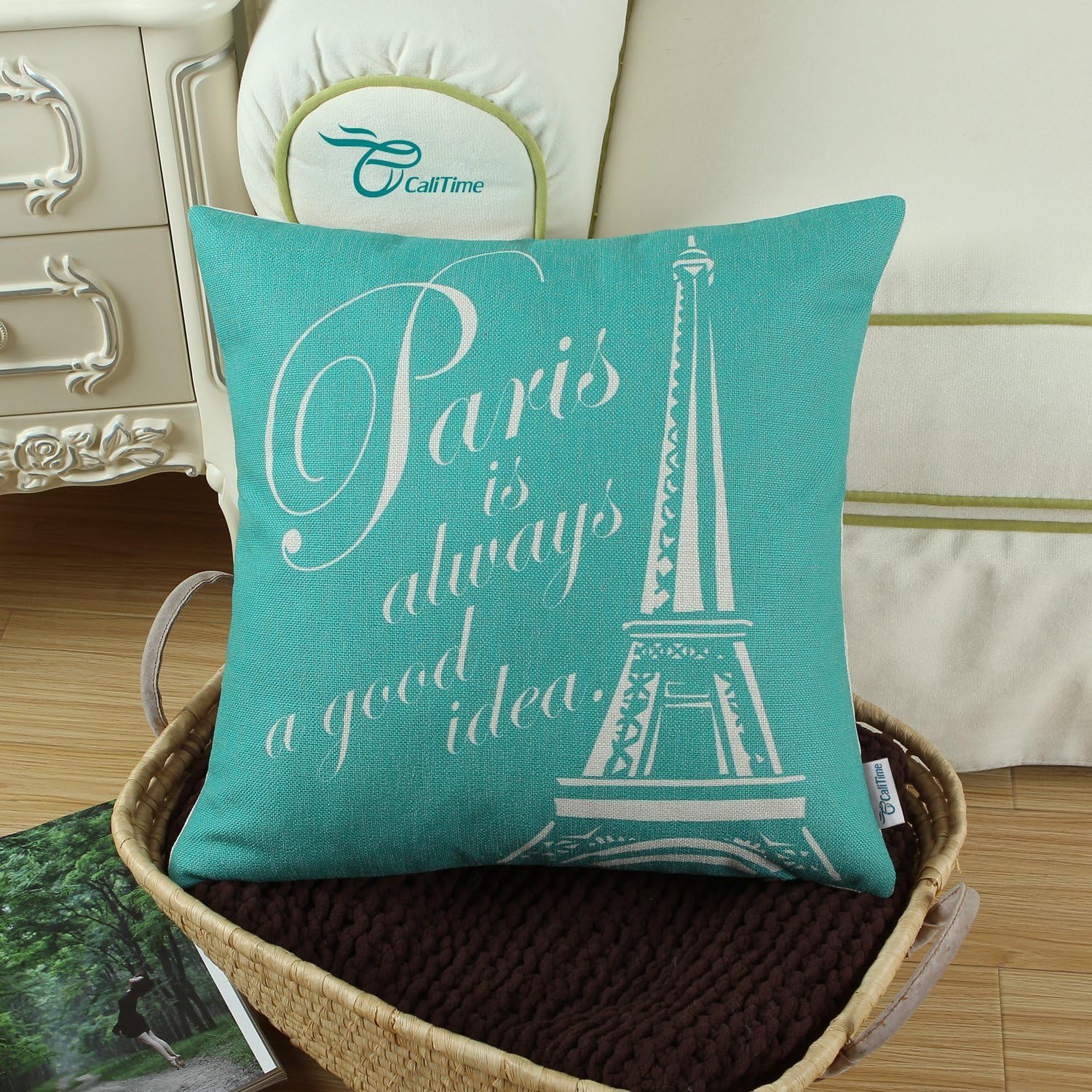 CaliTime Canvas Throw Pillow Cover Case for Couch Sofa Home Decoration Famous Paris Eiffel Tower 18 X 18 Inches Teal