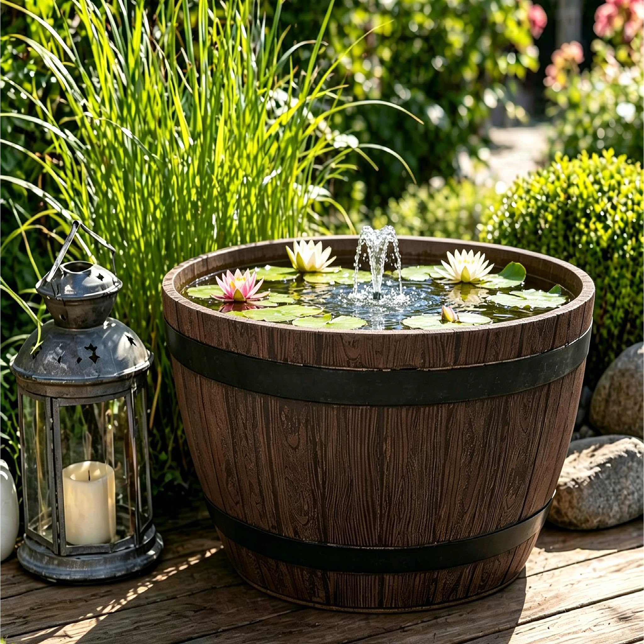Pot de Fleur Extérieur en Plastique Imitation Bois – Design Tonneau – Ø38 cm – Léger, Résistant Gel & UV, Décoration Jardin & Balcon – Couleur Châtaigne