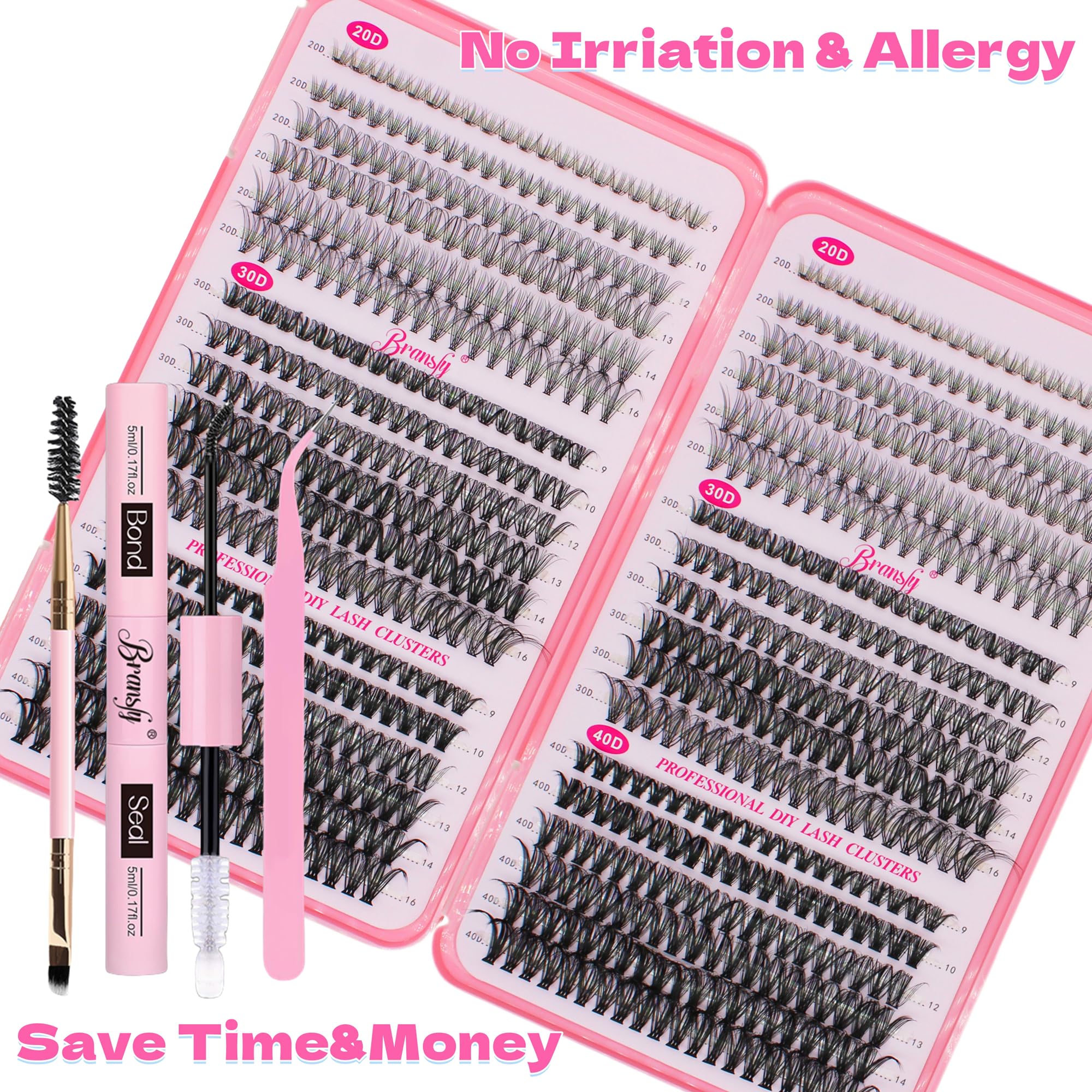 Bransfy 3 Styles 720pcs Lash Clusters Kit DIY Lash Extension Kit D Curl Eyelash Extensions 9-16MM Cluster Lashes with Waterproof Lash Bond and Seal Tweezers (20D+30D+40D,Kit) - Image 3