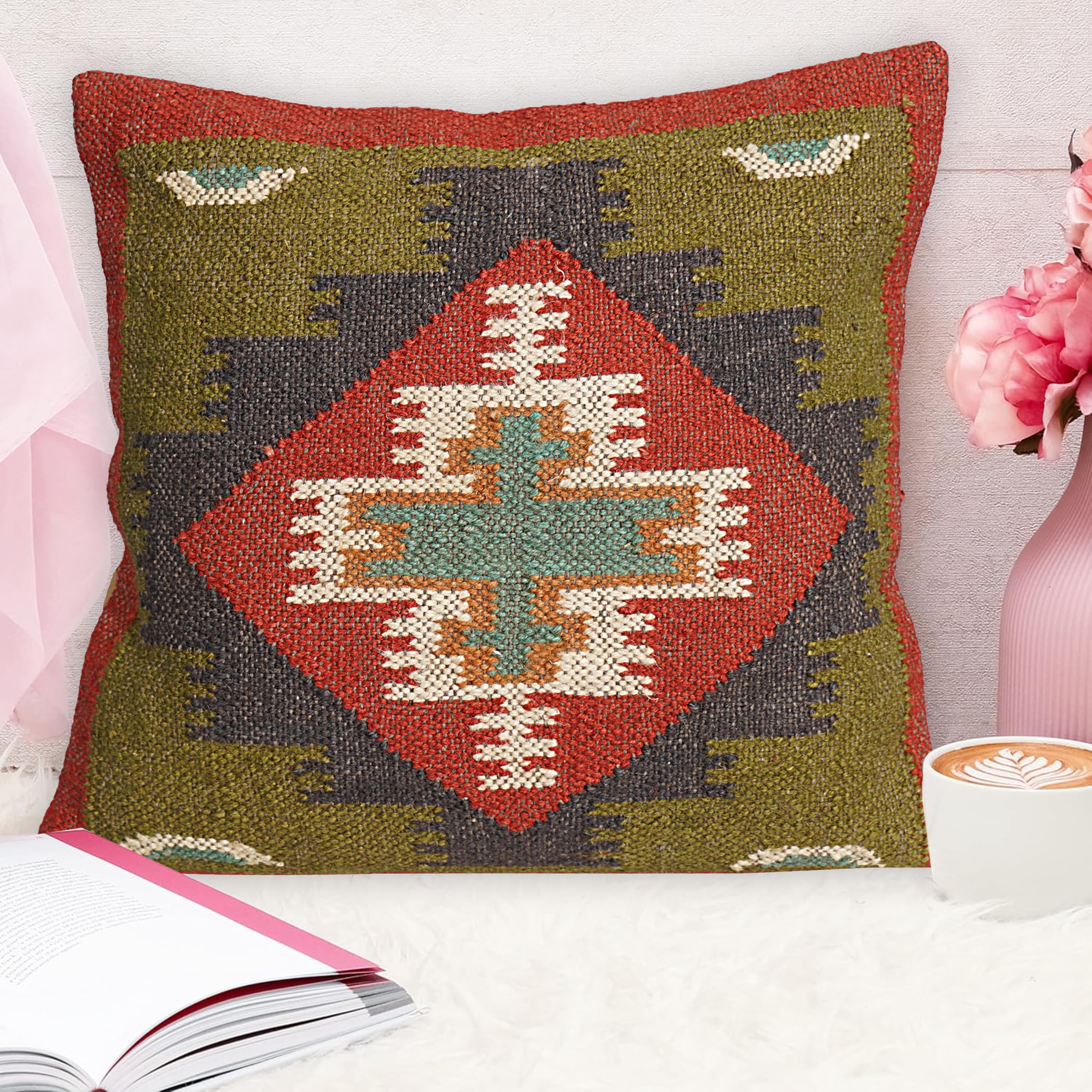 Radharani Arts Indian Handwoven Kilim Pillow Cover 18x18 Square Indian Outdoor Cushions Cover Decorative Throw Pillow Cases Jute Wool Cushion Cover