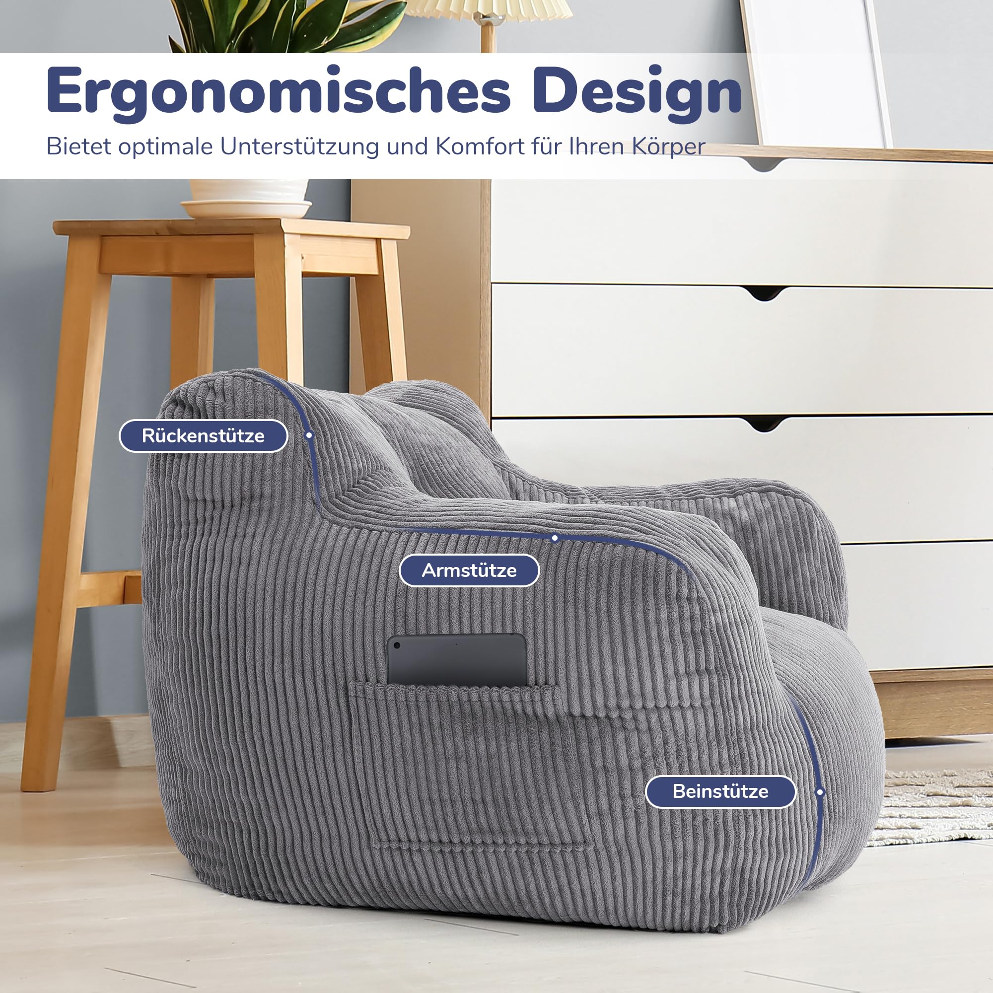 Pamapic Worek do siedzenia, worek do siedzenia dla dorosłych z wypełnieniem, Bean Bag Chair z przenośnym uchwytem, nowoczesny, ergonomiczny worek do siedzenia, do salonu, sypialni, pokoju zabaw, szary