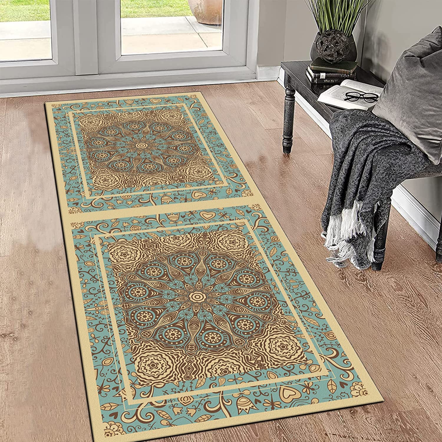 Tapis de couloir au mètre polyester | Long tapis de cuisine beige bleu